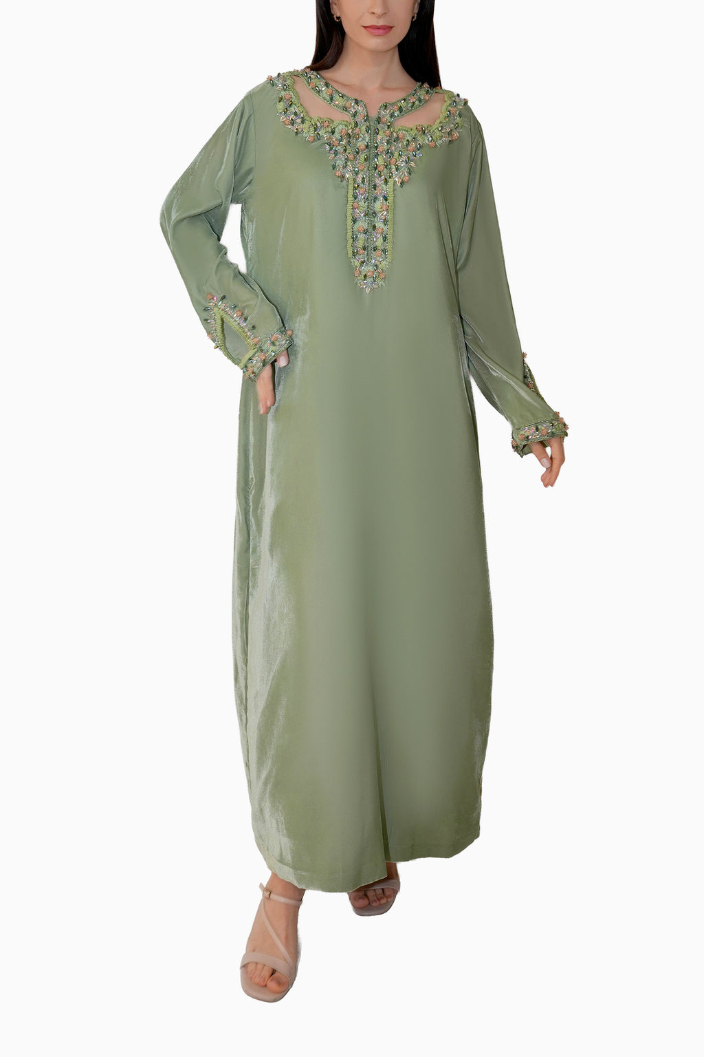 Hadiqa Pastel Green - Velvet Midnight Embroidery Floral Dress