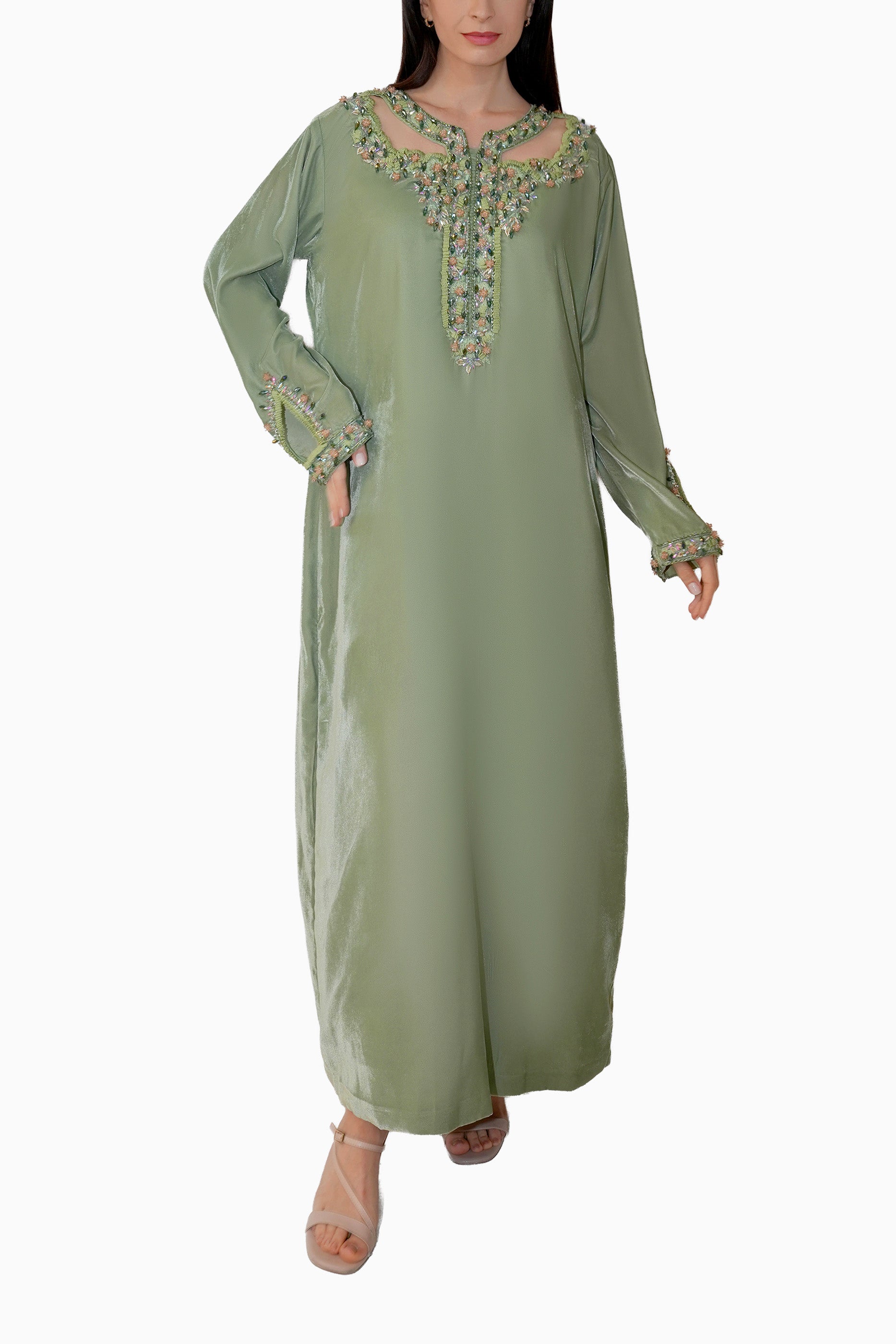 Hadiqa Pastel Green - Velvet Midnight Embroidery Floral Dress