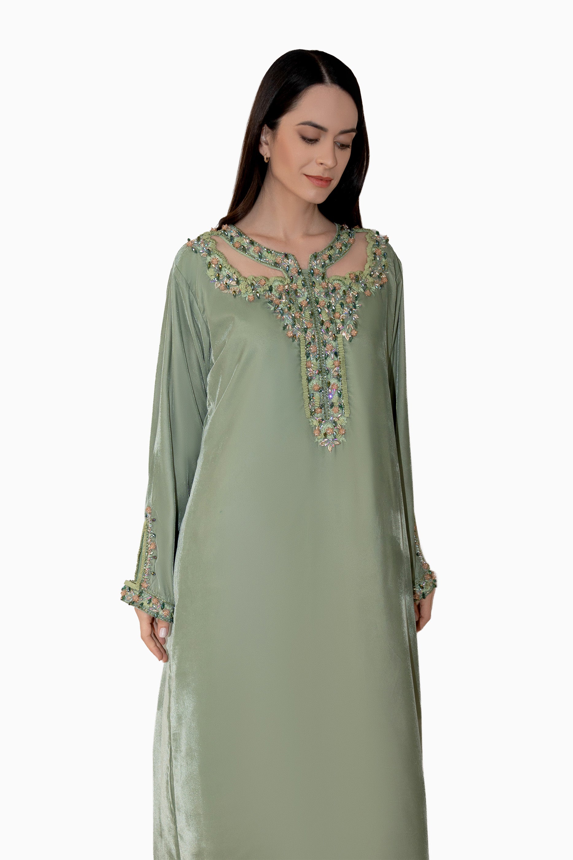 Hadiqa Pastel Green - Velvet Midnight Embroidery Floral Dress