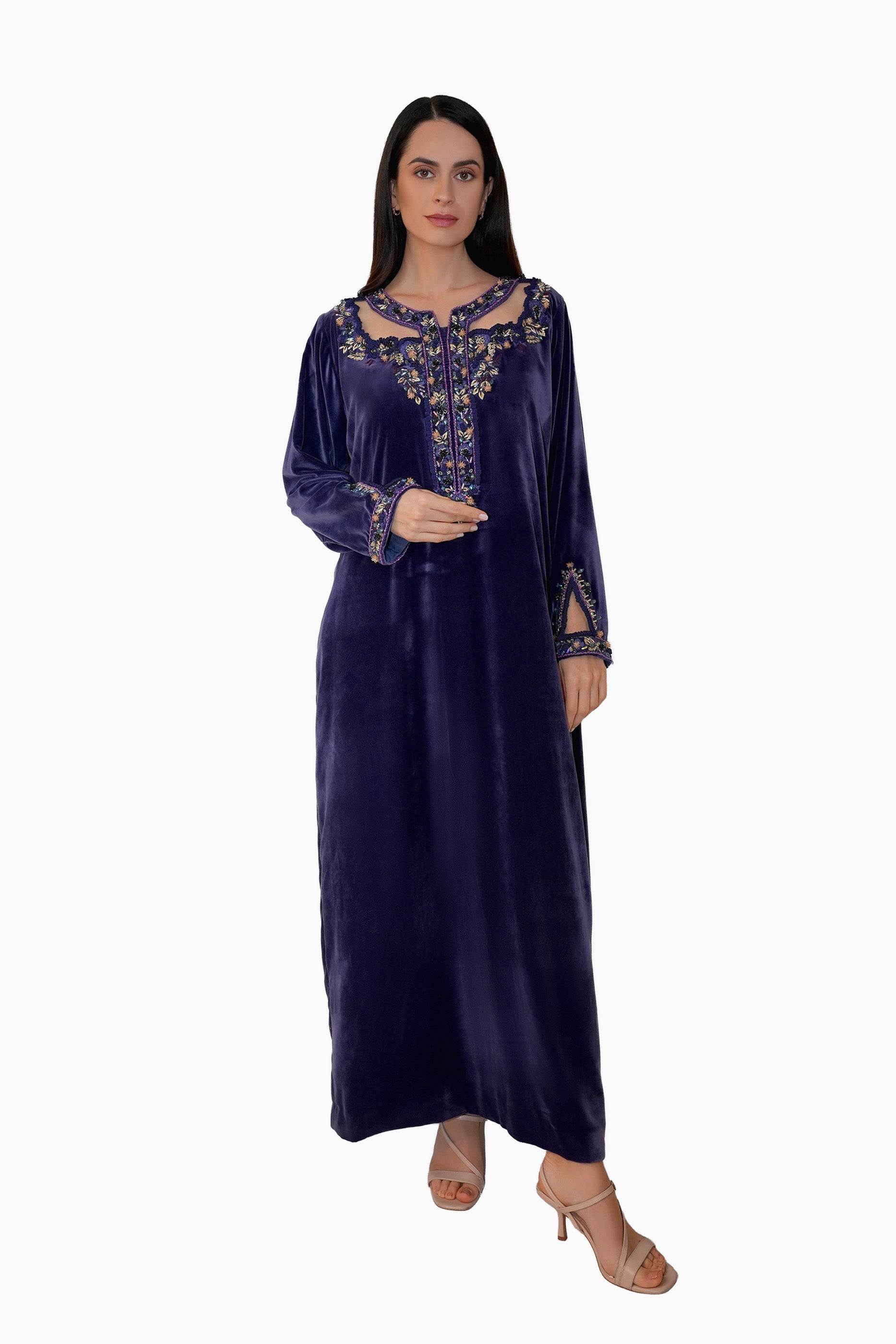 Hadiqa Purple Blue- Velvet Midnight Embroidery Floral Dress
