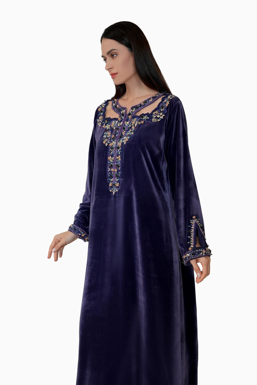 Hadiqa Purple Blue- Velvet Midnight Embroidery Floral Dress