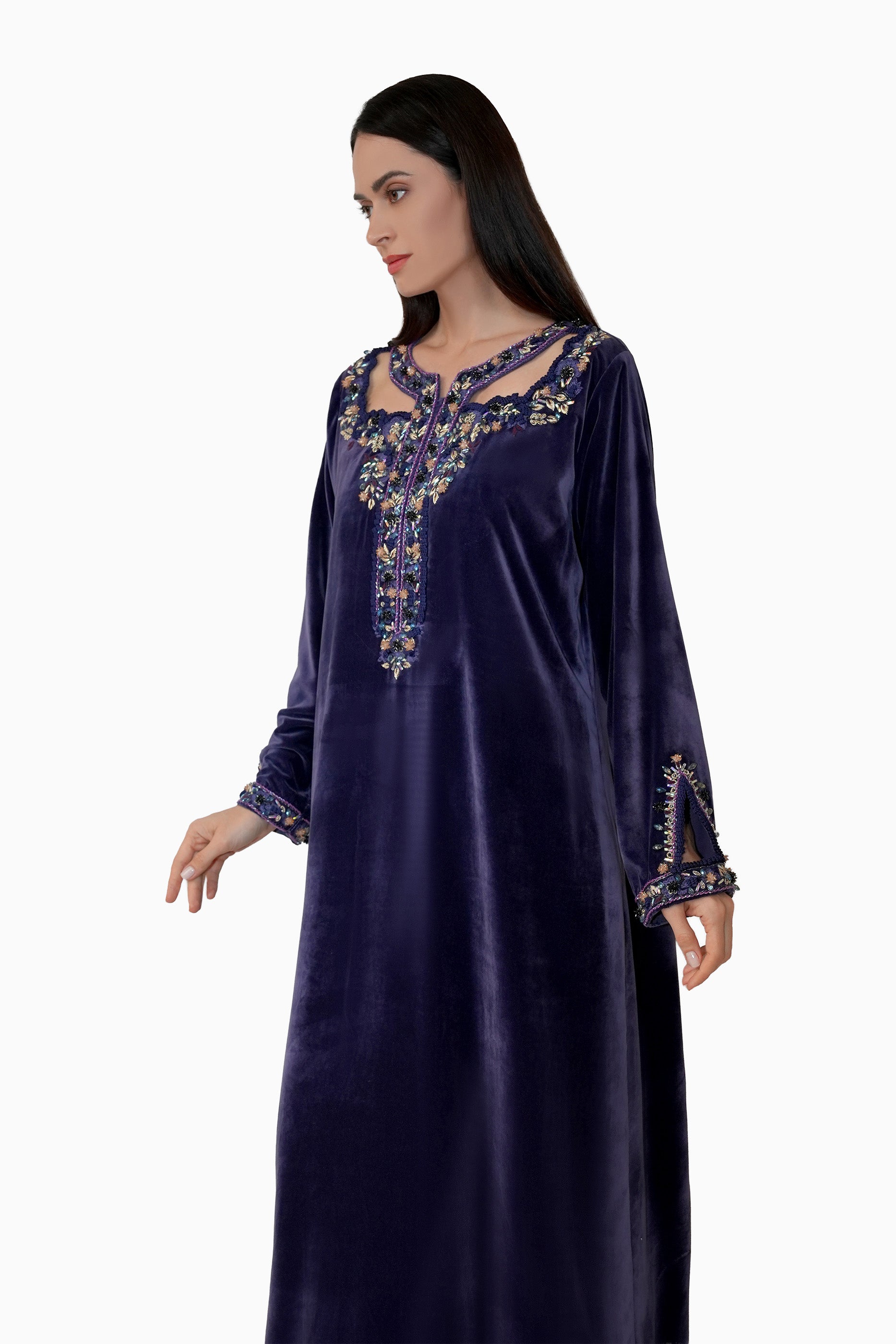 Hadiqa Purple Blue- Velvet Midnight Embroidery Floral Dress