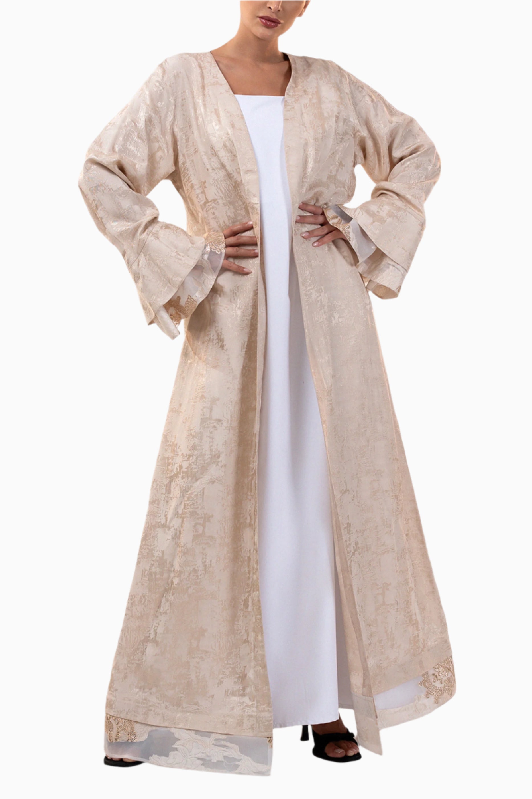 Juliette Cream - Poet Sleeves and Ruffled Tulle Occasion Linen Abaya