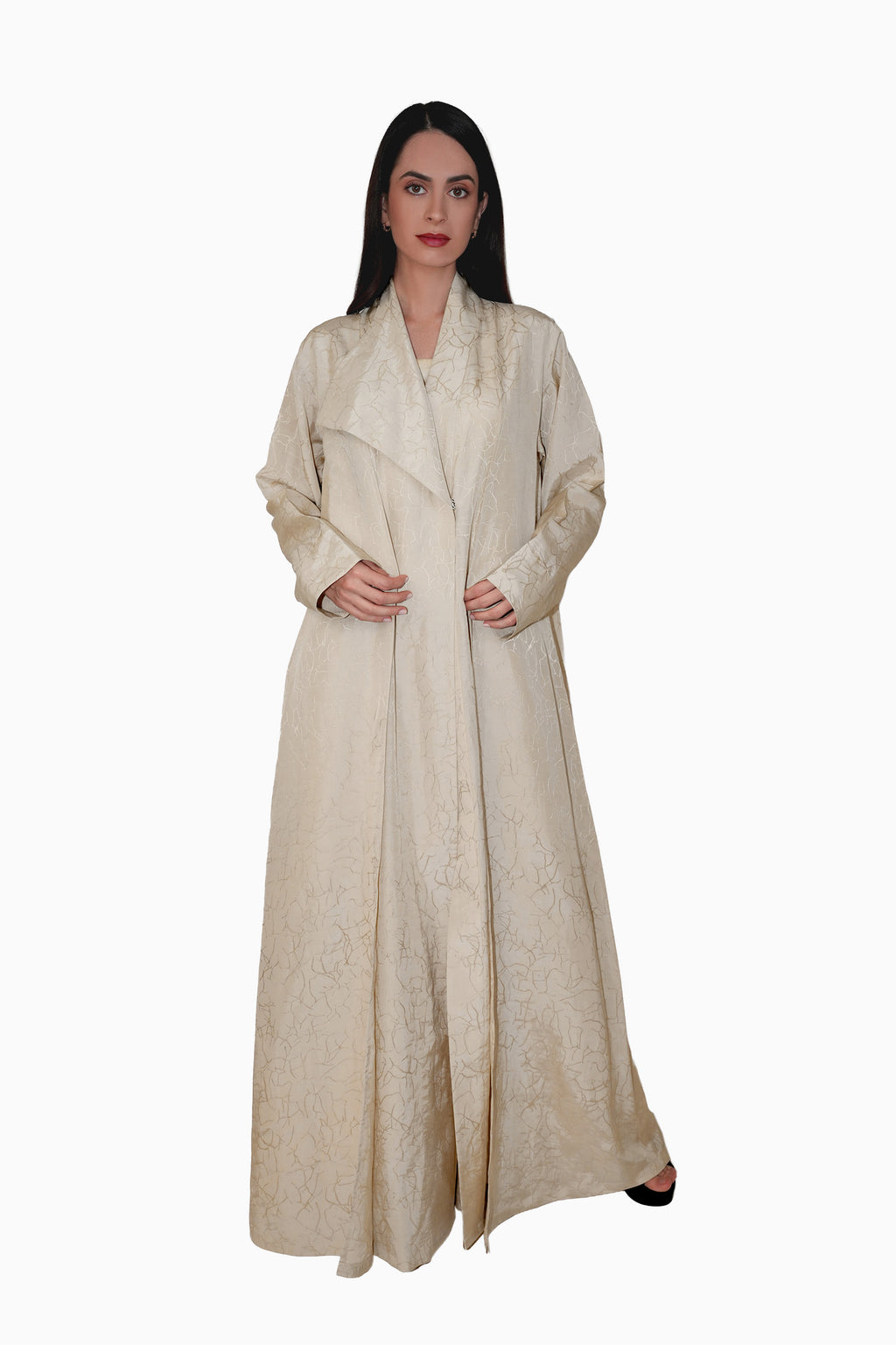Lama Cream - Wrap Style with Abstract Printed Lines Abaya