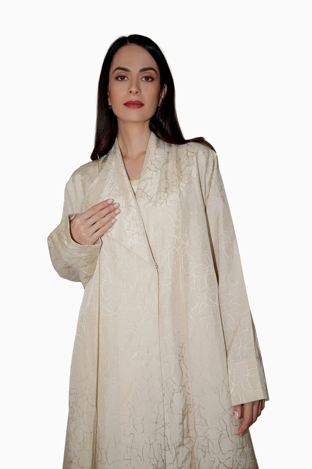 Lama Cream - Wrap Style with Abstract Printed Lines Abaya
