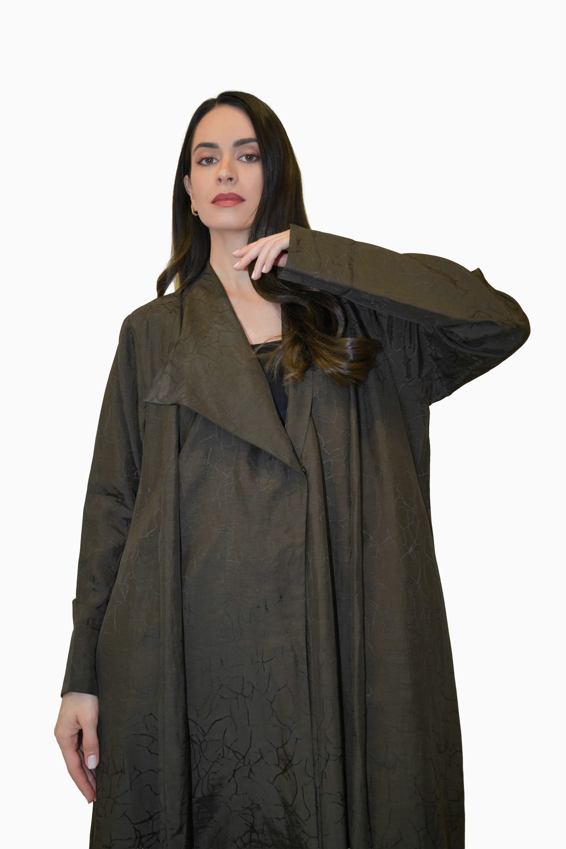 Lama Dark Olive - Wrap Style with Abstract Printed Lines Abaya