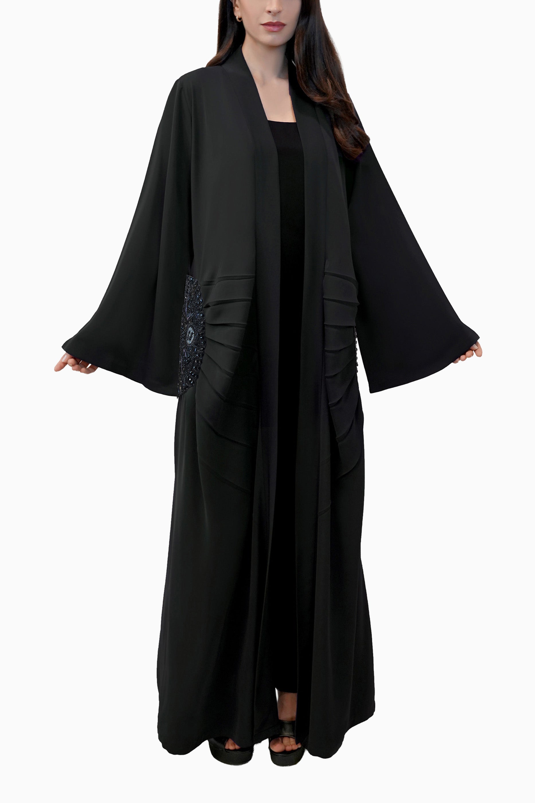 Lara Black - Minimalist Abaya with Fan Embroidery and Tassels