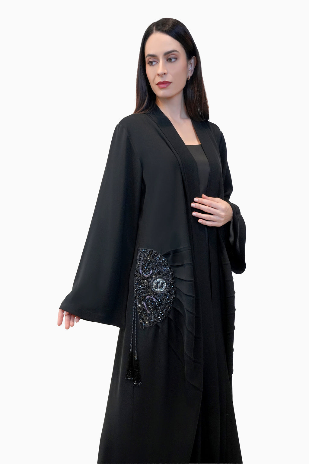 Lara Black - Minimalist Abaya with Fan Embroidery and Tassels