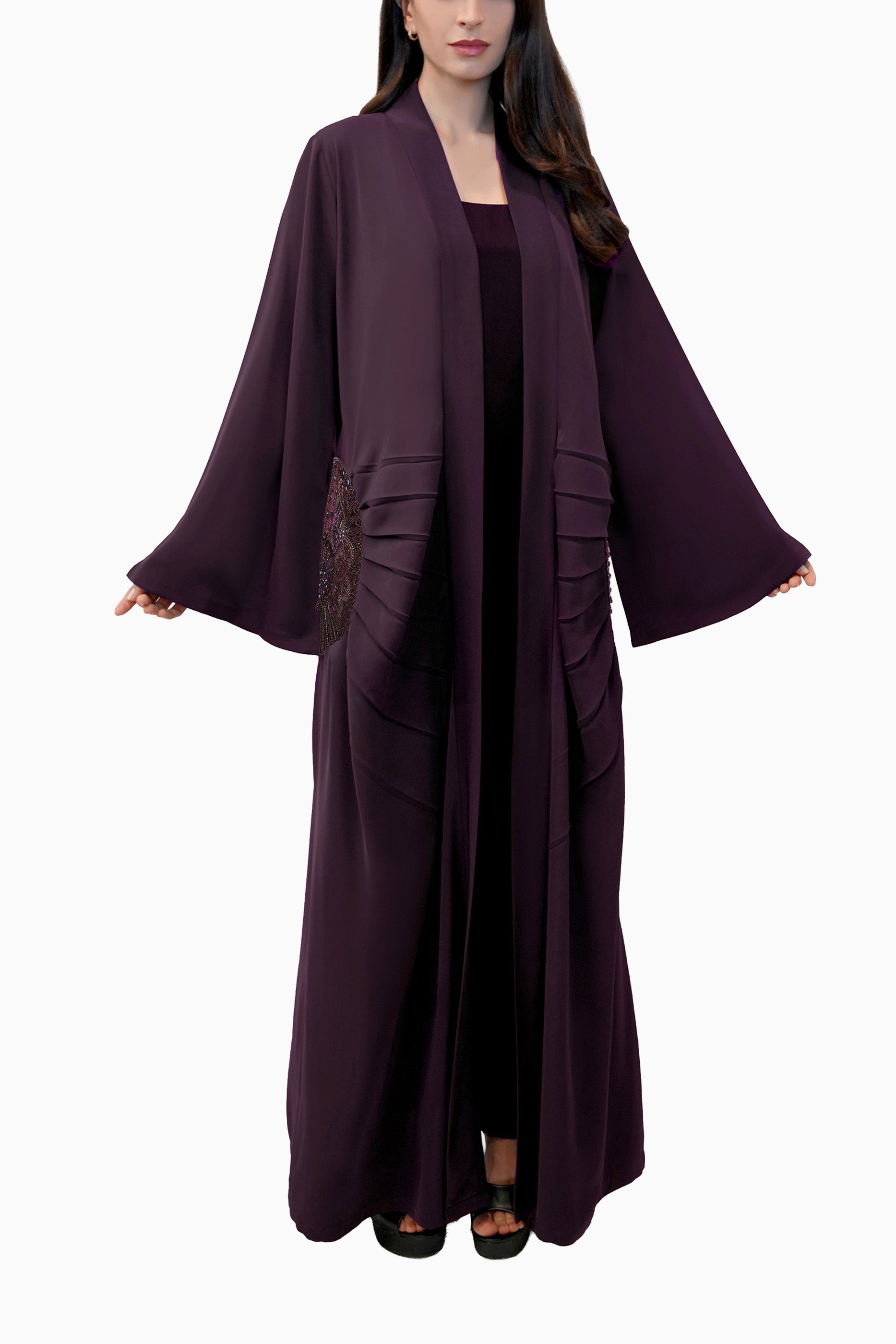 Lara Burgundy - Minimalist Abaya with Fan Embroidery and Tassels