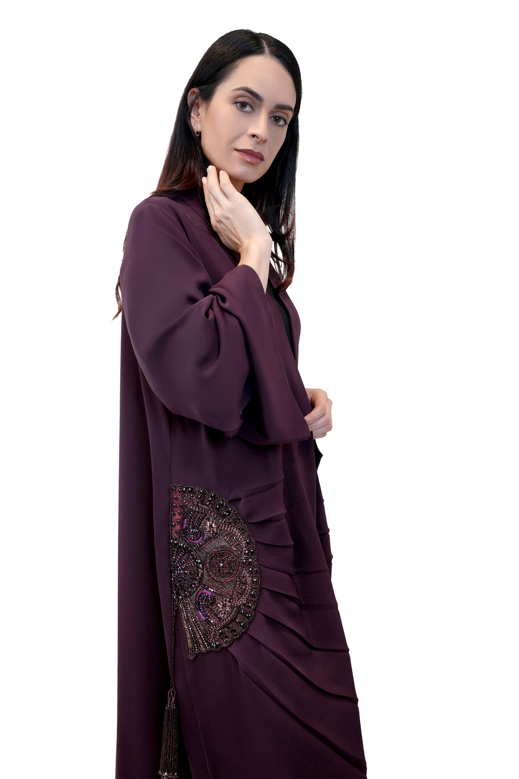 Lara Burgundy - Minimalist Abaya with Fan Embroidery and Tassels