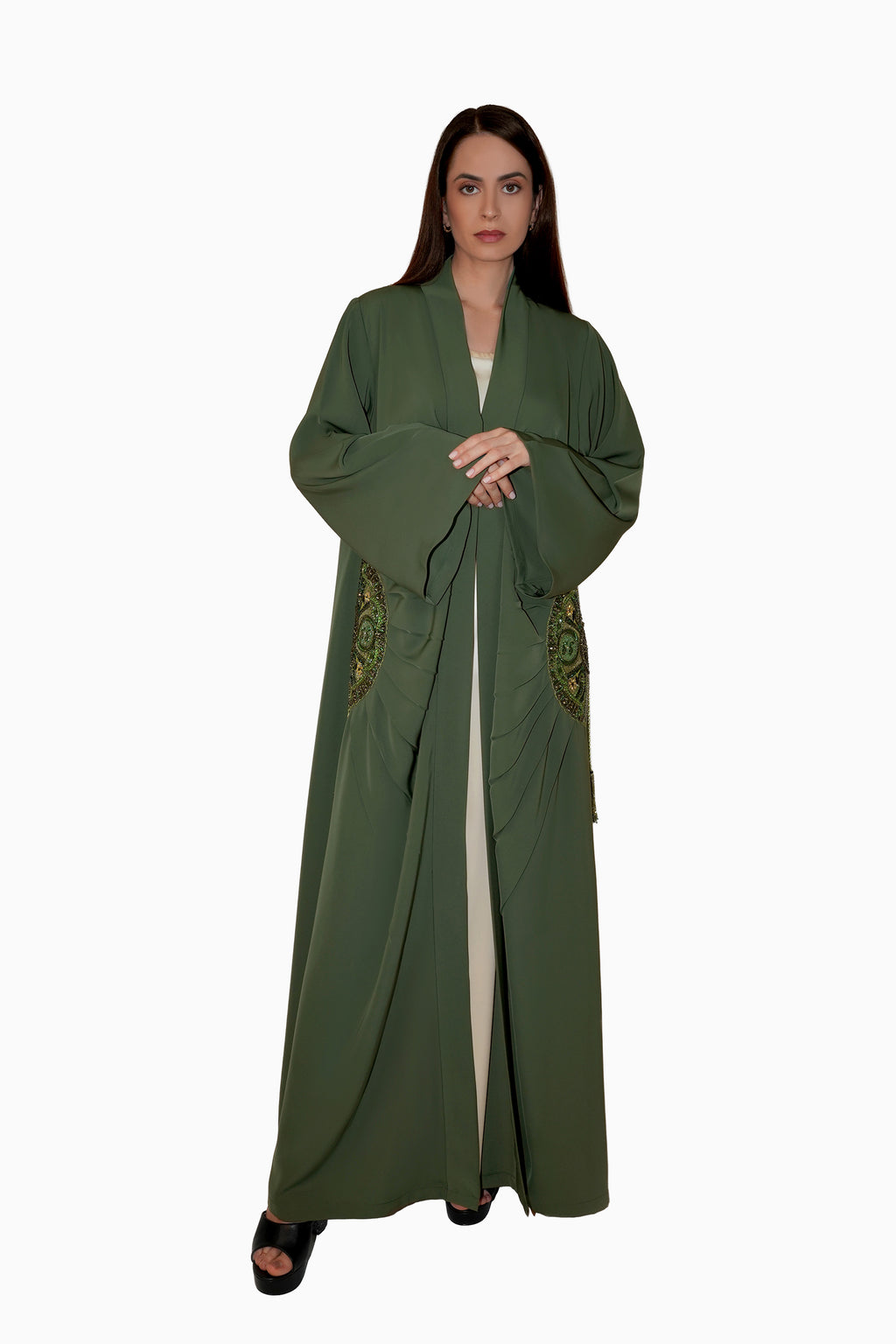 Lara Dark Green - Minimalist Abaya with Fan Embroidery and Tassels