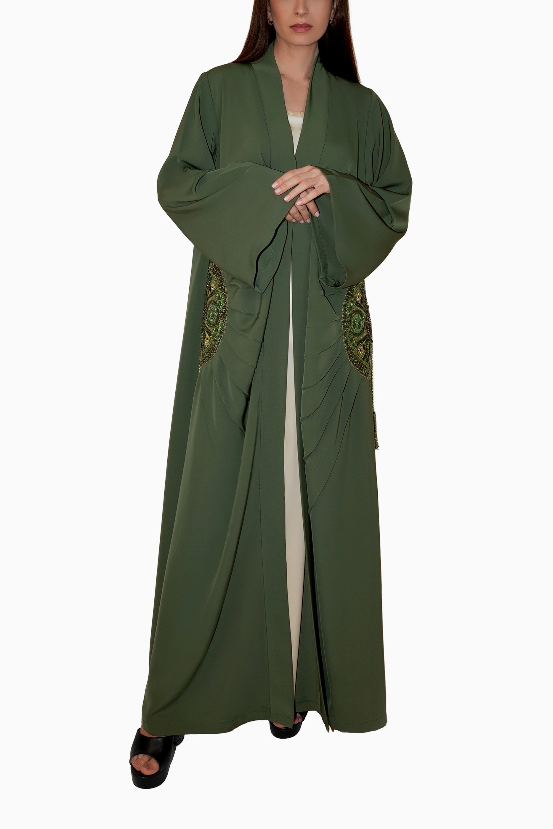 Lara Dark Green - Minimalist Abaya with Fan Embroidery and Tassels