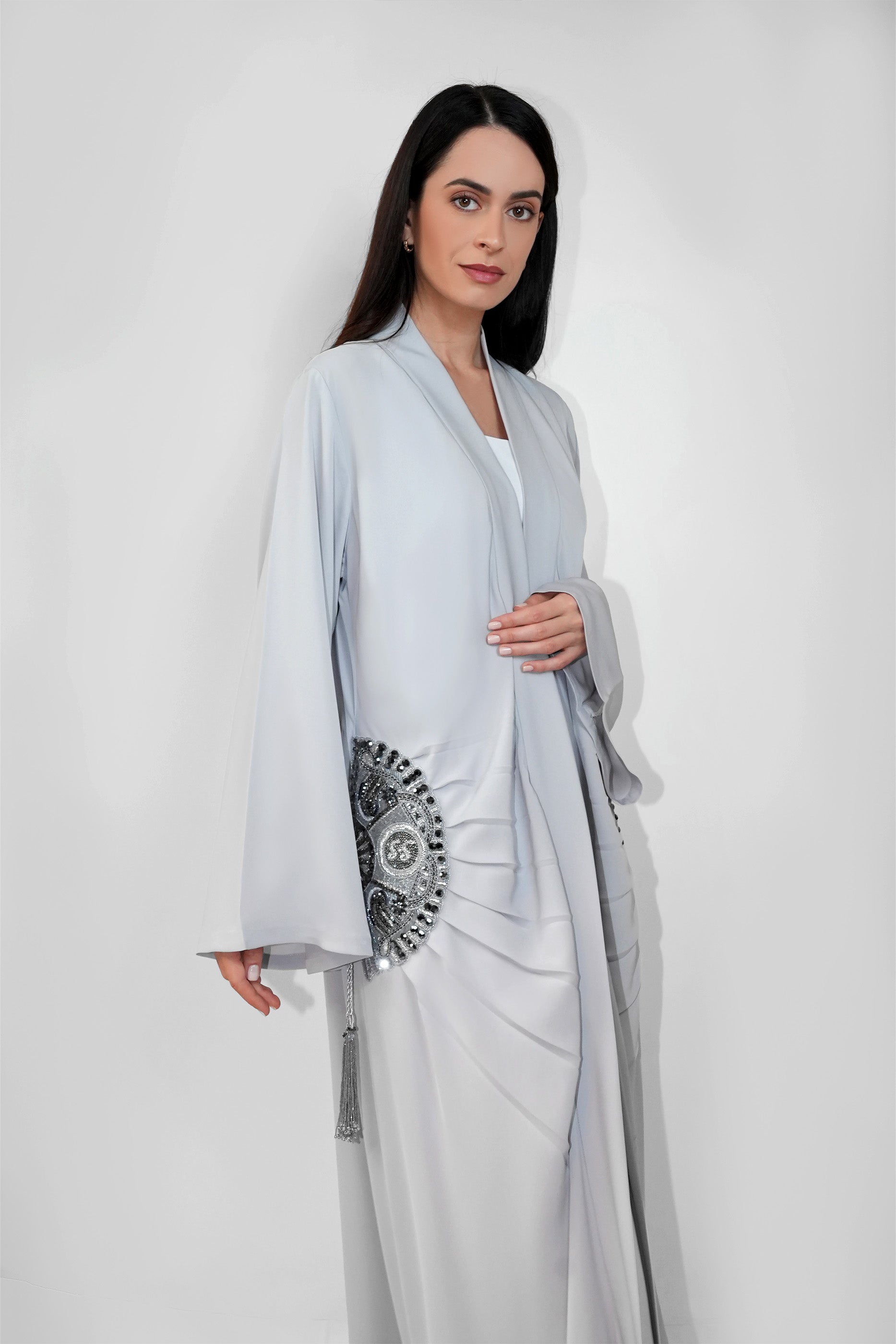 Lara Grey- Minimalist Abaya with Fan Embroidery and Tassels