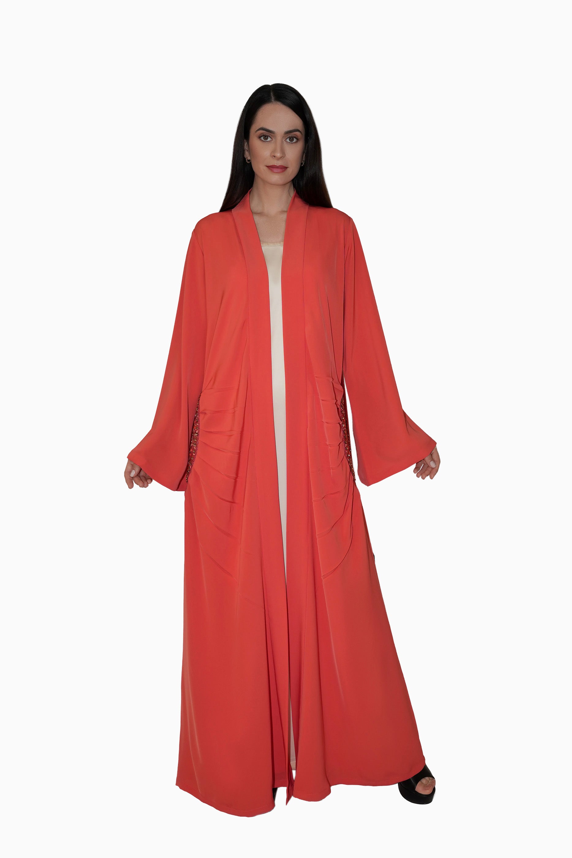 Lara Peach - Minimalist Abaya with Fan Embroidery and Tassels