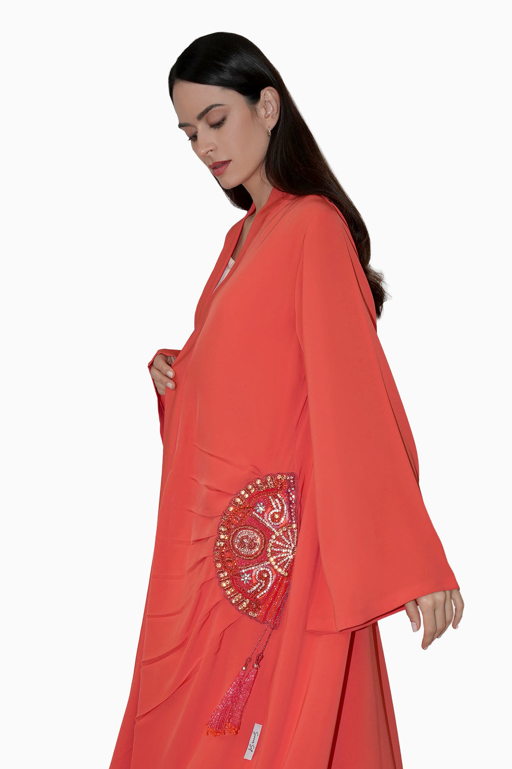 Lara Peach - Minimalist Abaya with Fan Embroidery and Tassels