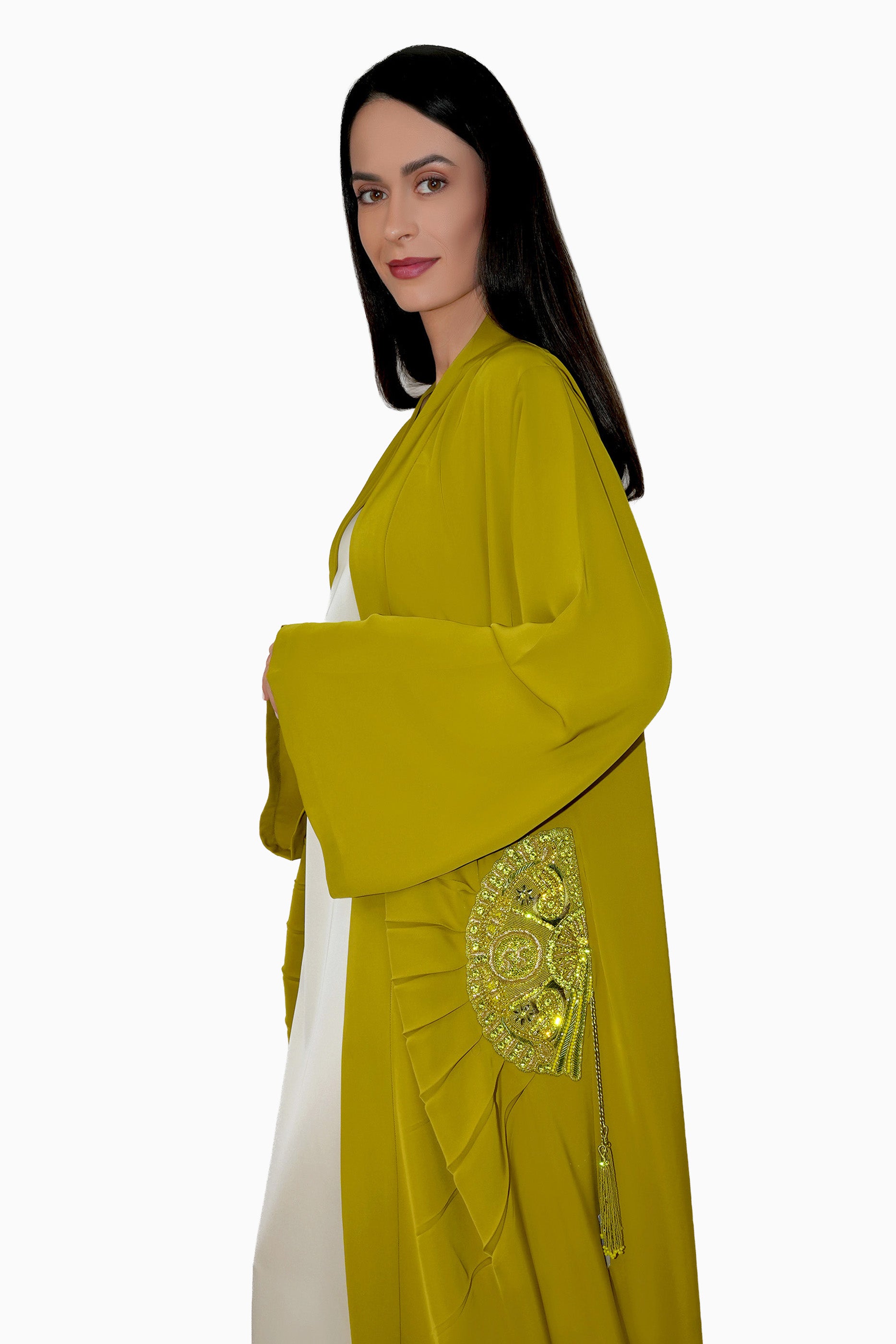 Lara Mustard - Minimalist Abaya with Fan Embroidery and Tassels