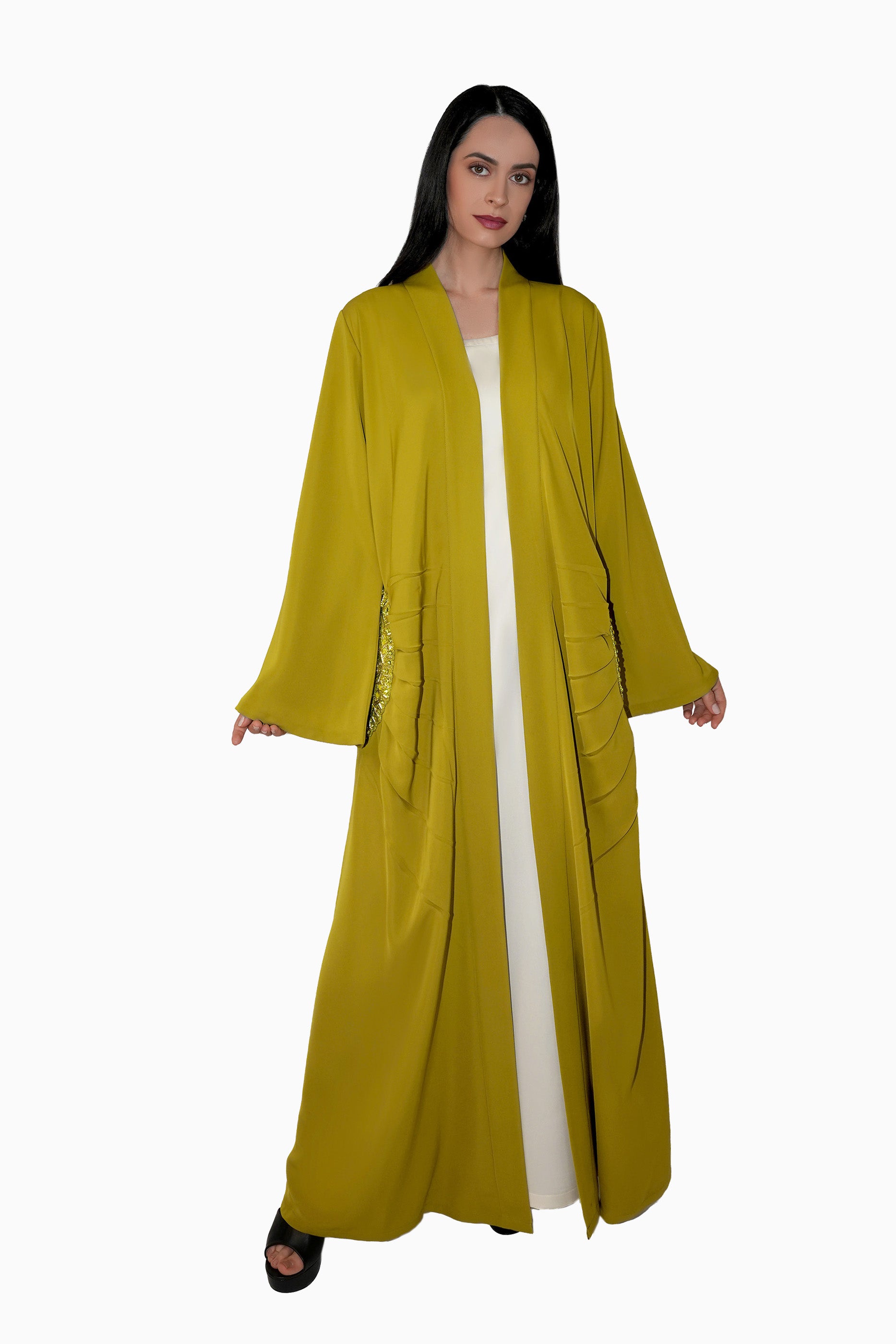 Lara Mustard - Minimalist Abaya with Fan Embroidery and Tassels