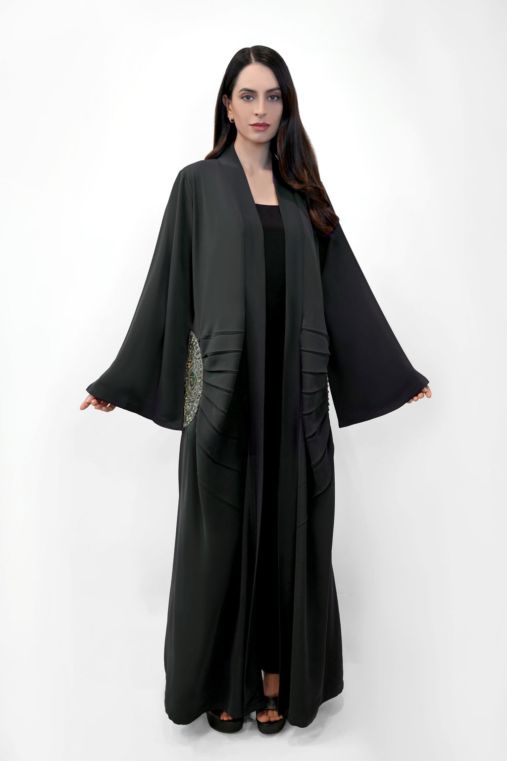 Lara Dark Grey- Minimalist Abaya with Fan Embroidery and Tassels