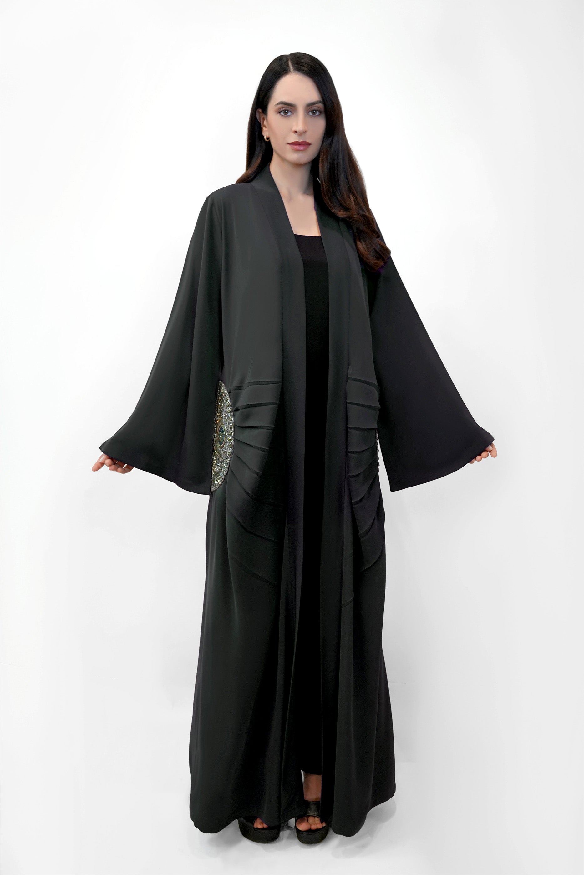 Lara Dark Grey- Minimalist Abaya with Fan Embroidery and Tassels
