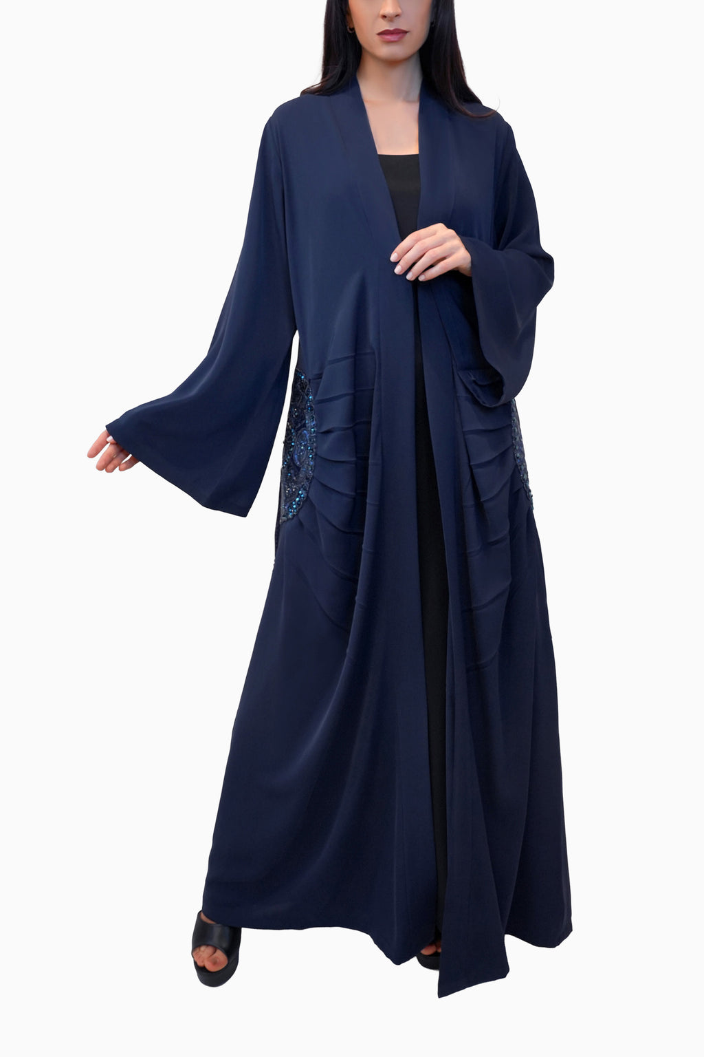 Lara Blue - Minimalist Abaya with Fan Embroidery and Tassels