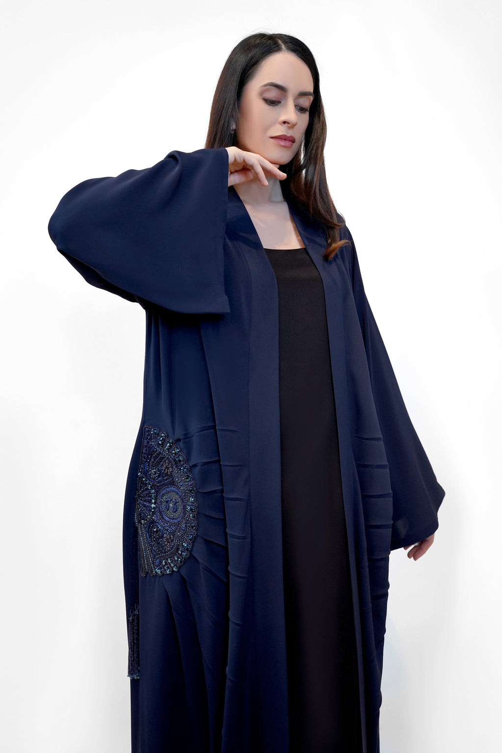 Lara Blue - Minimalist Abaya with Fan Embroidery and Tassels