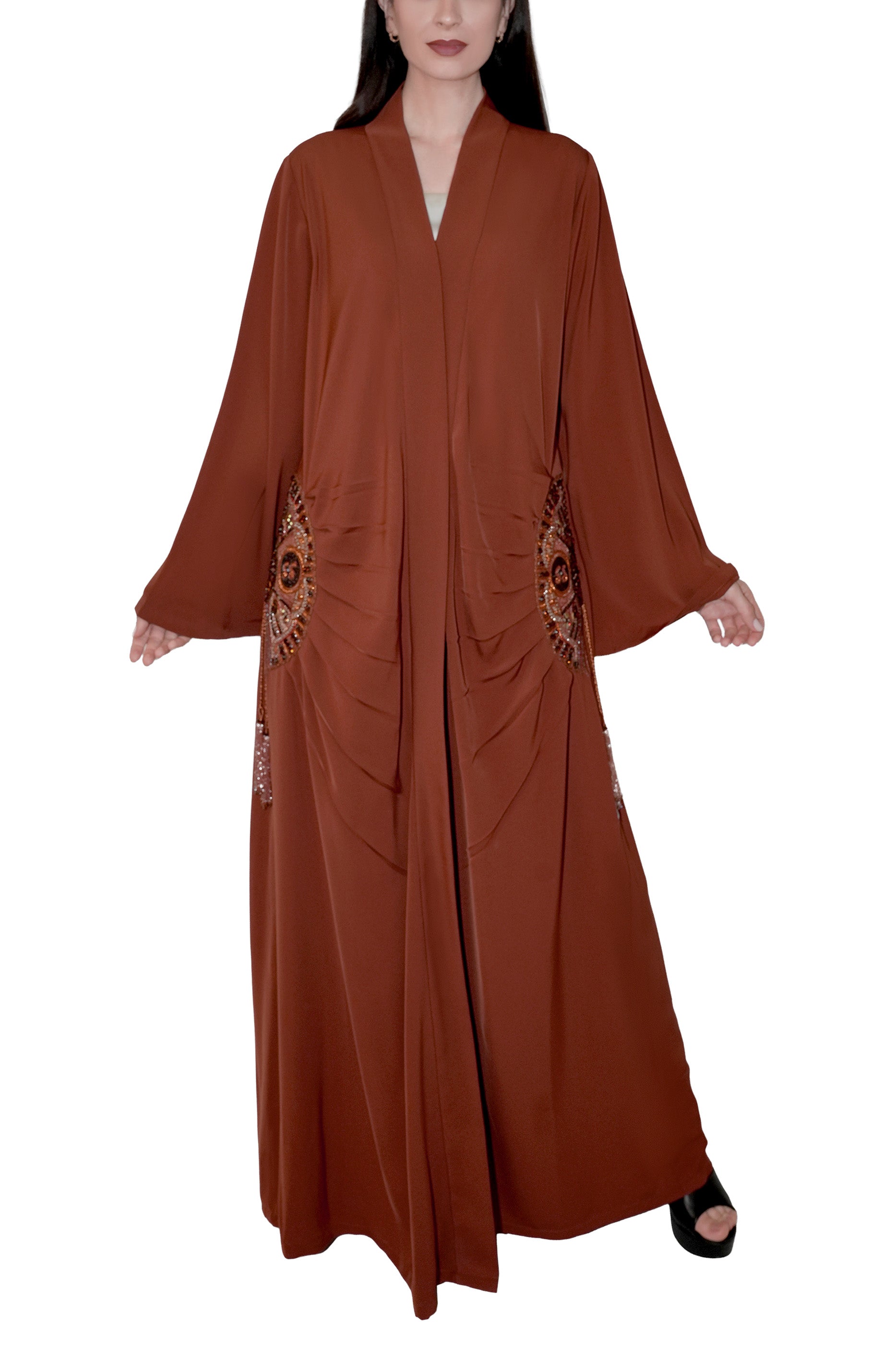 Lara Copper - Minimalist Abaya with Fan Embroidery and Tassels