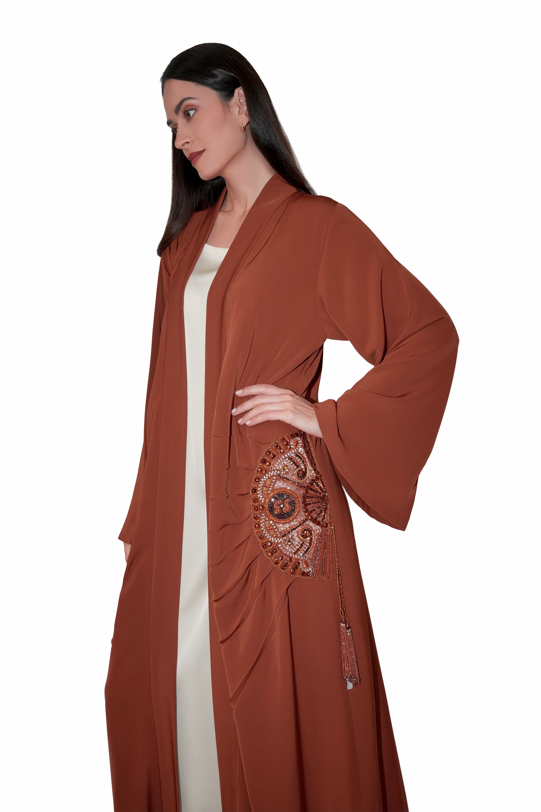 Lara Copper - Minimalist Abaya with Fan Embroidery and Tassels