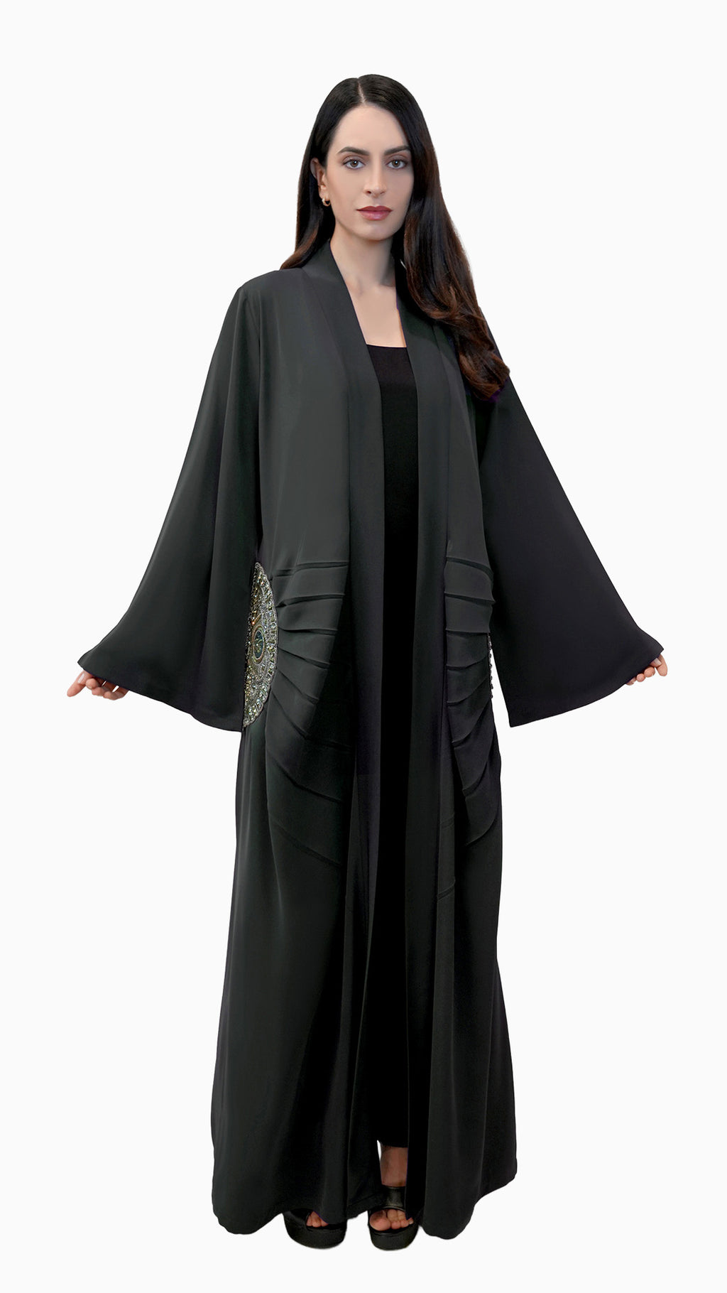 Lara Dark Grey- Minimalist Abaya with Fan Embroidery and Tassels