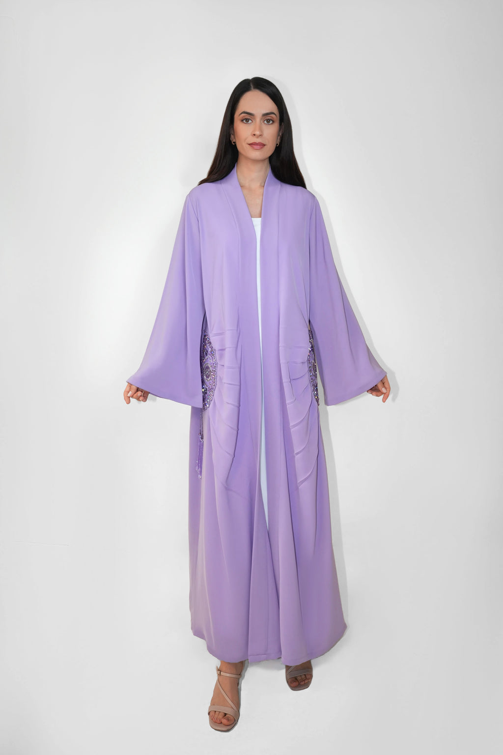 Lara Lavender- Minimalist Abaya with Fan Embroidery and Tassels