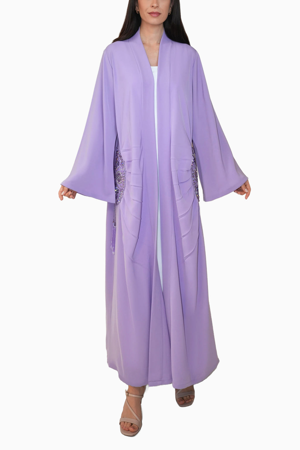 Lara Lavender- Minimalist Abaya with Fan Embroidery and Tassels
