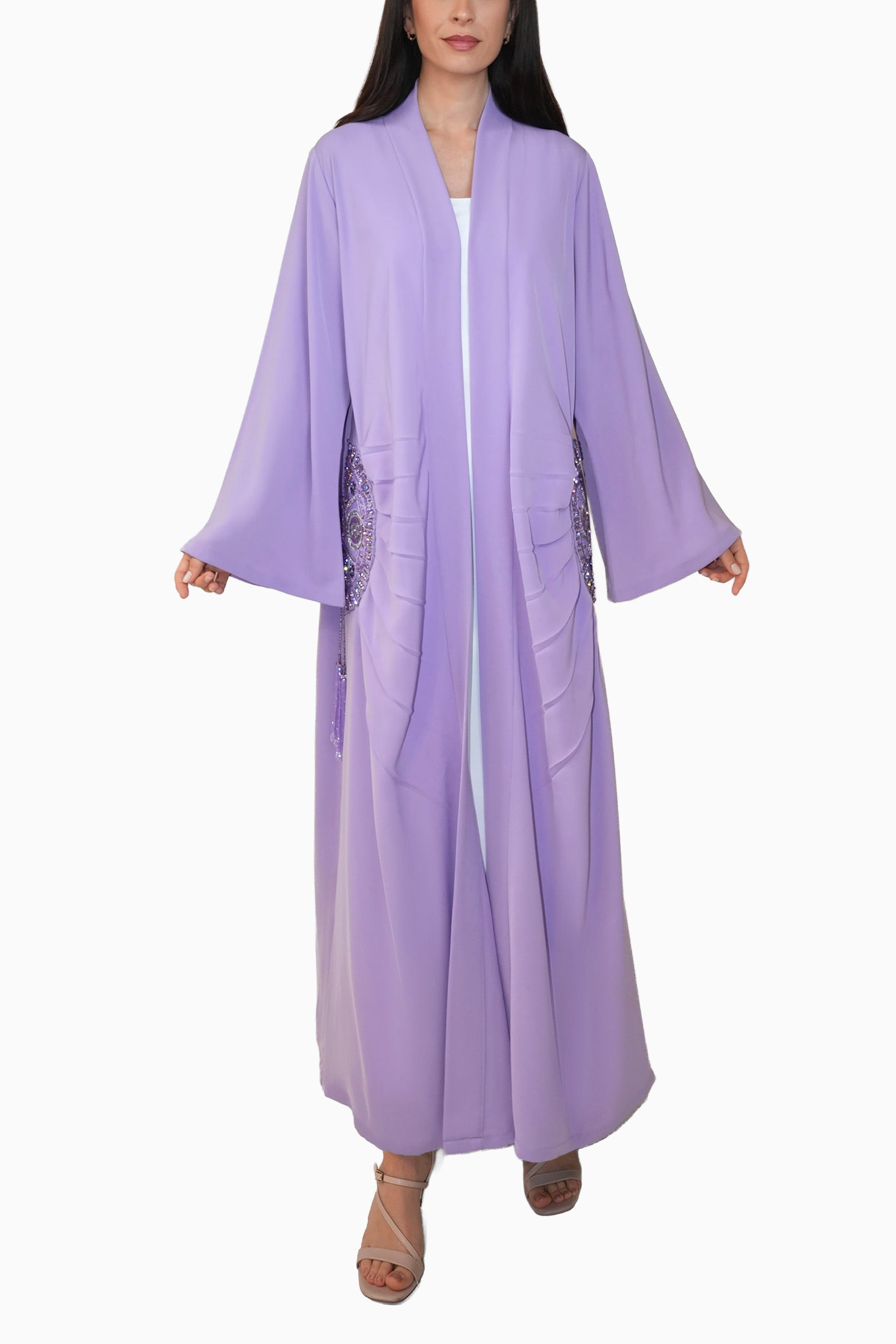 Lara Lavender- Minimalist Abaya with Fan Embroidery and Tassels