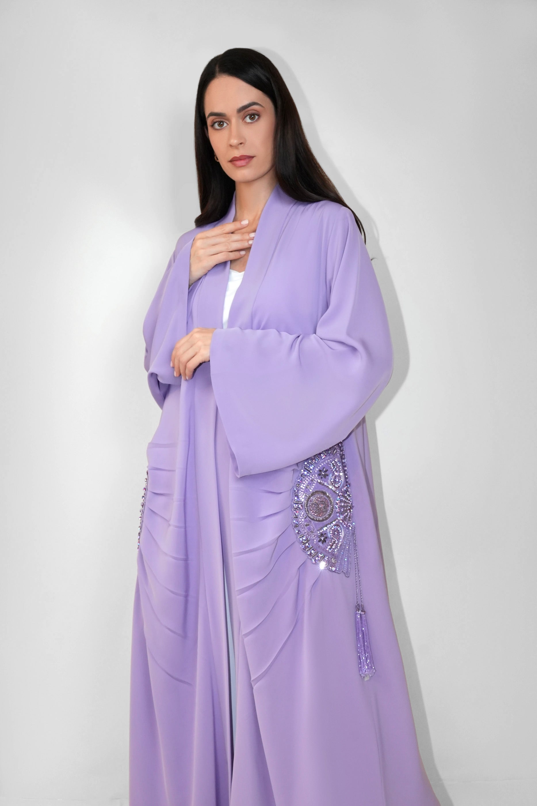 Lara Lavender- Minimalist Abaya with Fan Embroidery and Tassels