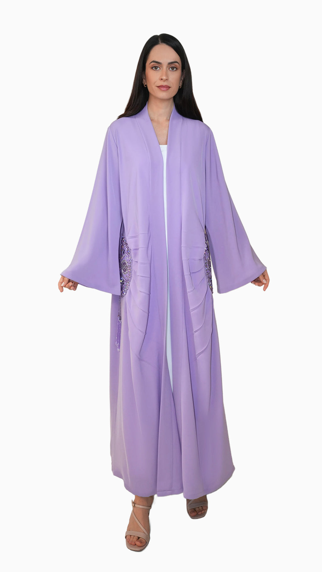 Lara Lavender- Minimalist Abaya with Fan Embroidery and Tassels