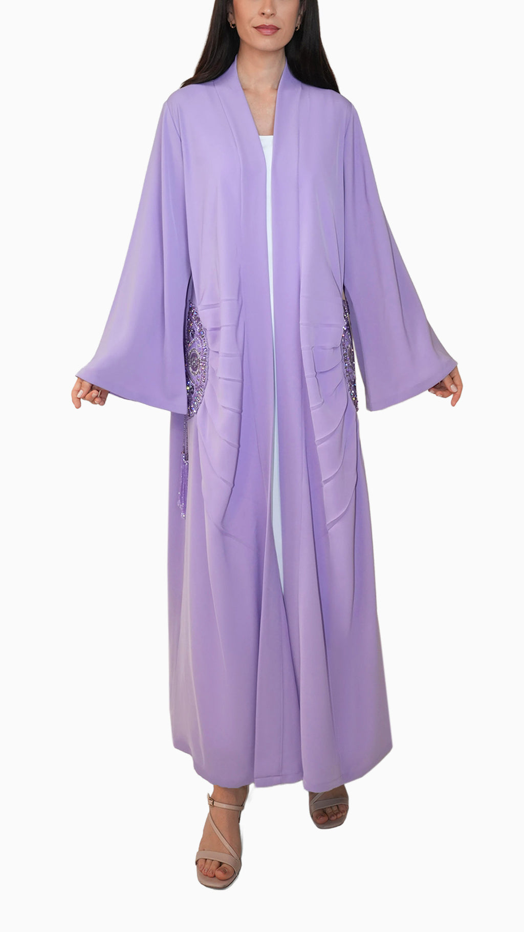 Lara Lavender- Minimalist Abaya with Fan Embroidery and Tassels