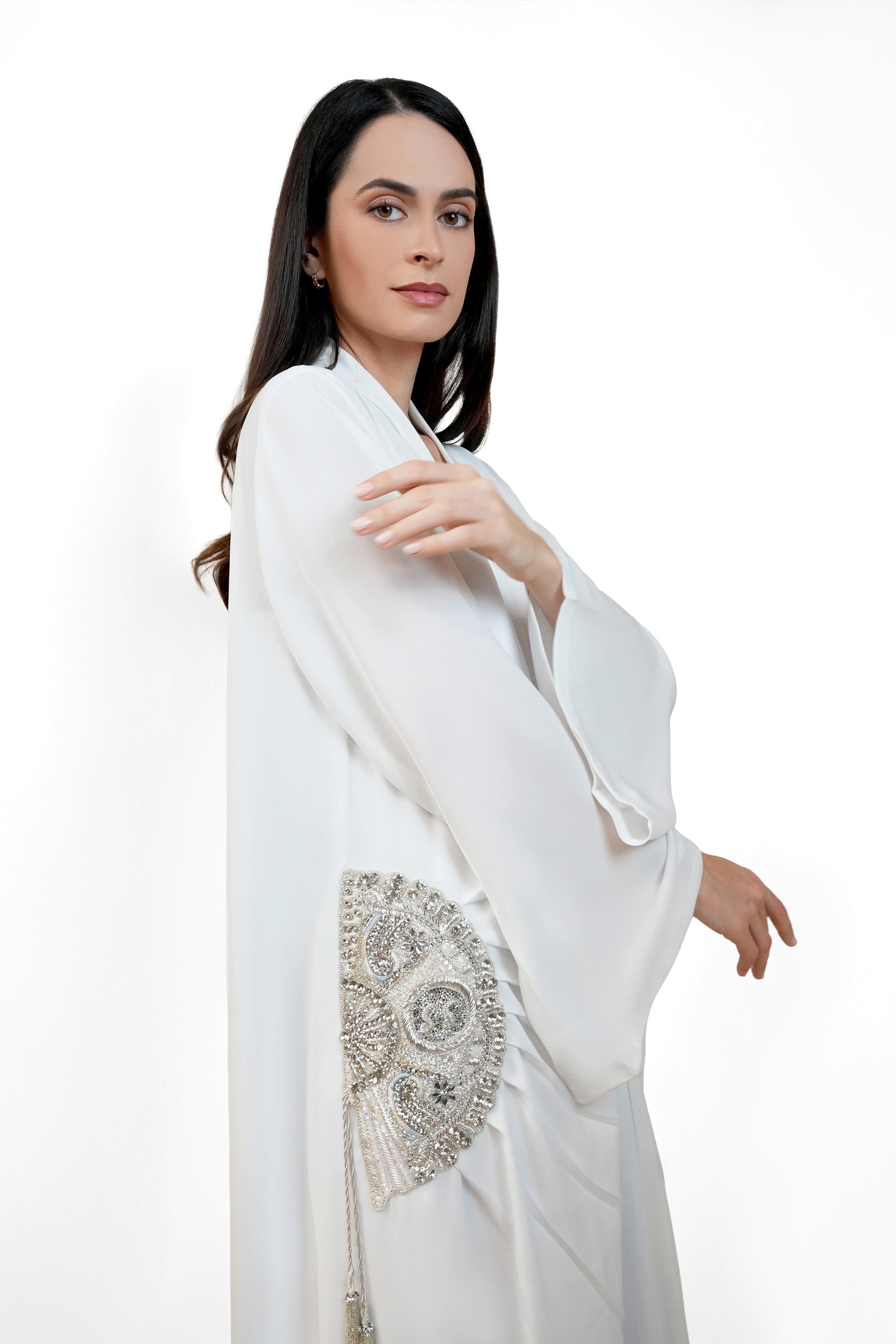 Lara Cream - Minimalist Abaya with Fan Embroidery and Tassels