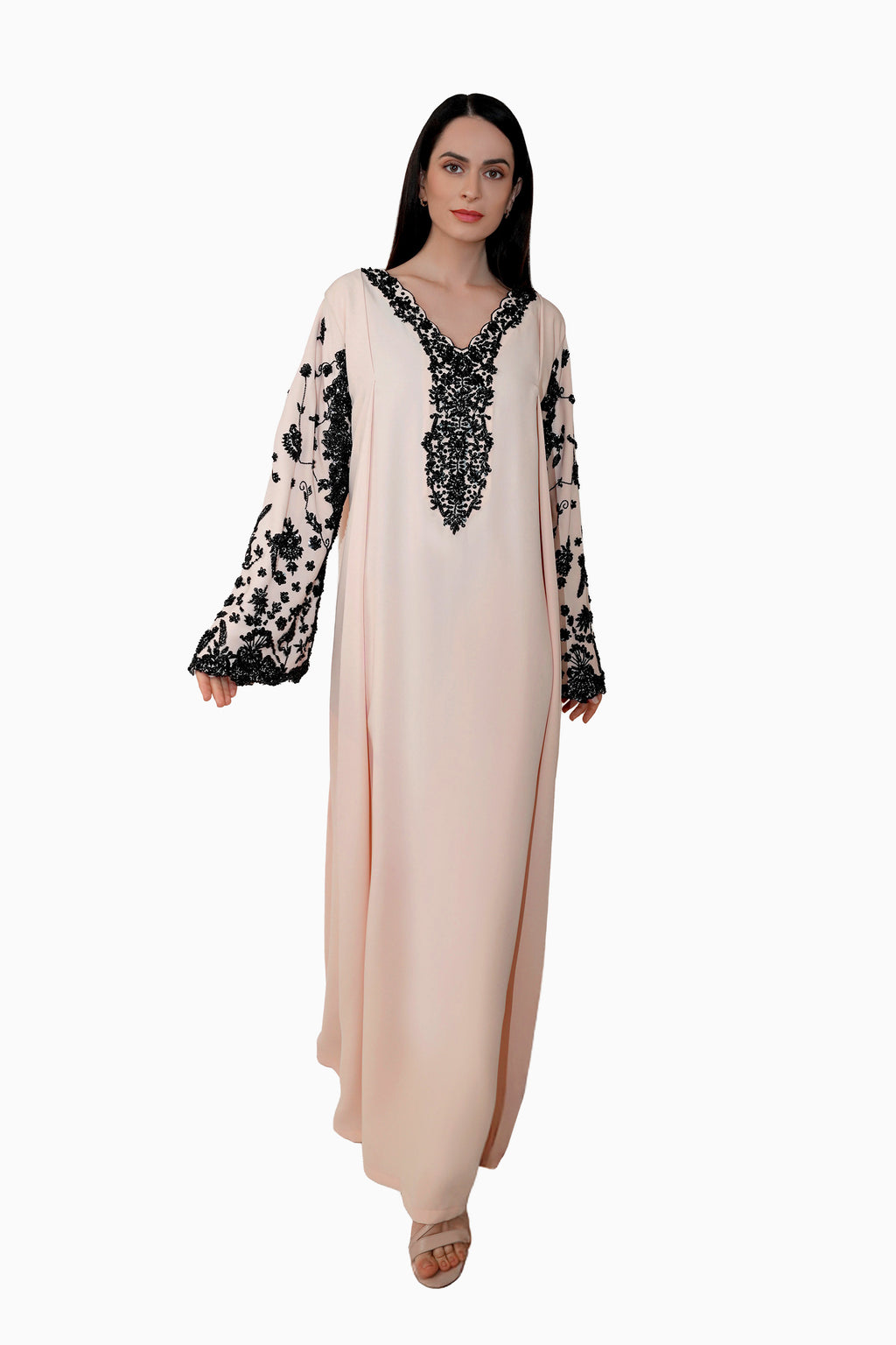 Nasrin Cream - Embroidered Floral Kaftan Dress