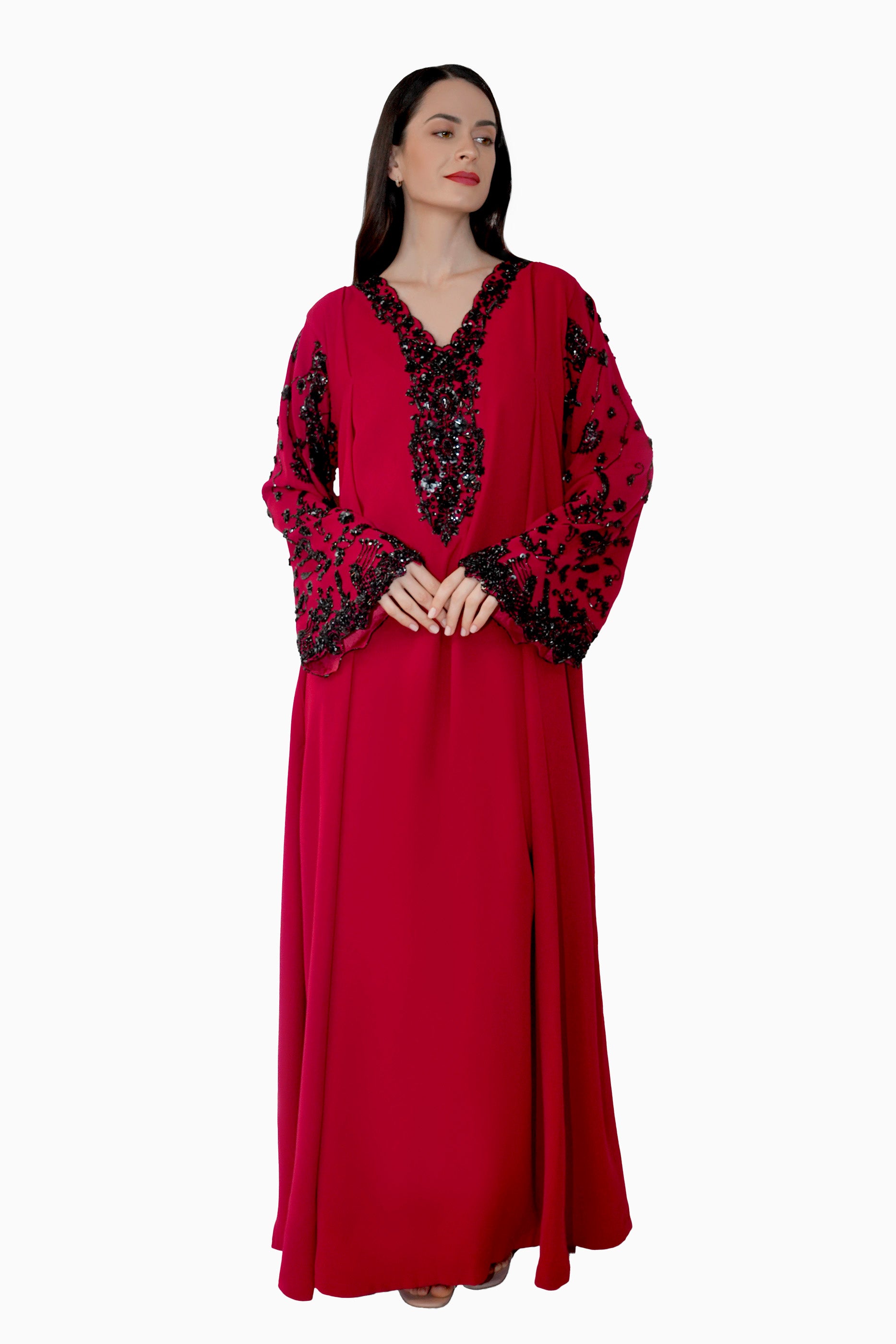 Nasrin Red - Embroidered Floral Kaftan Dress