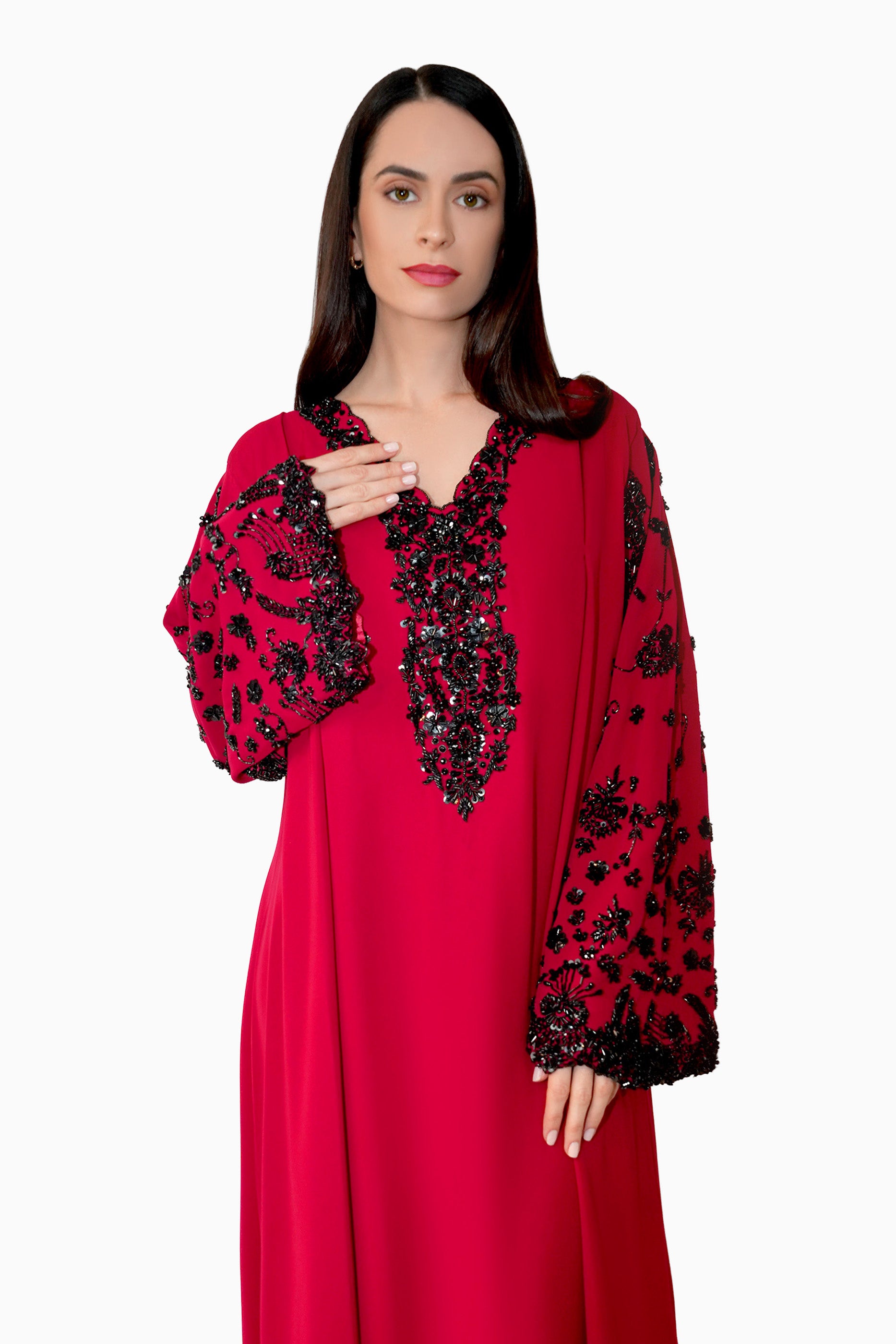 Nasrin Red - Embroidered Floral Kaftan Dress