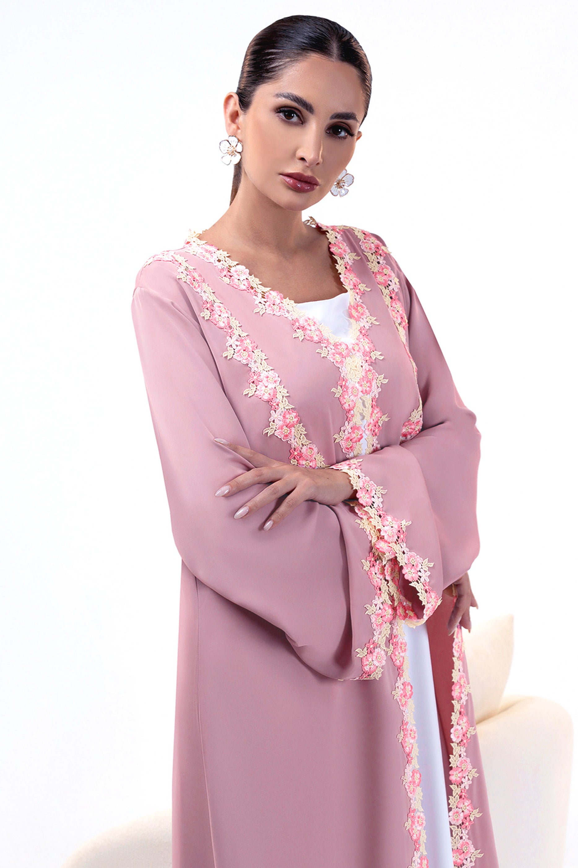 Sabah Olive- Floral Lace Abaya Set