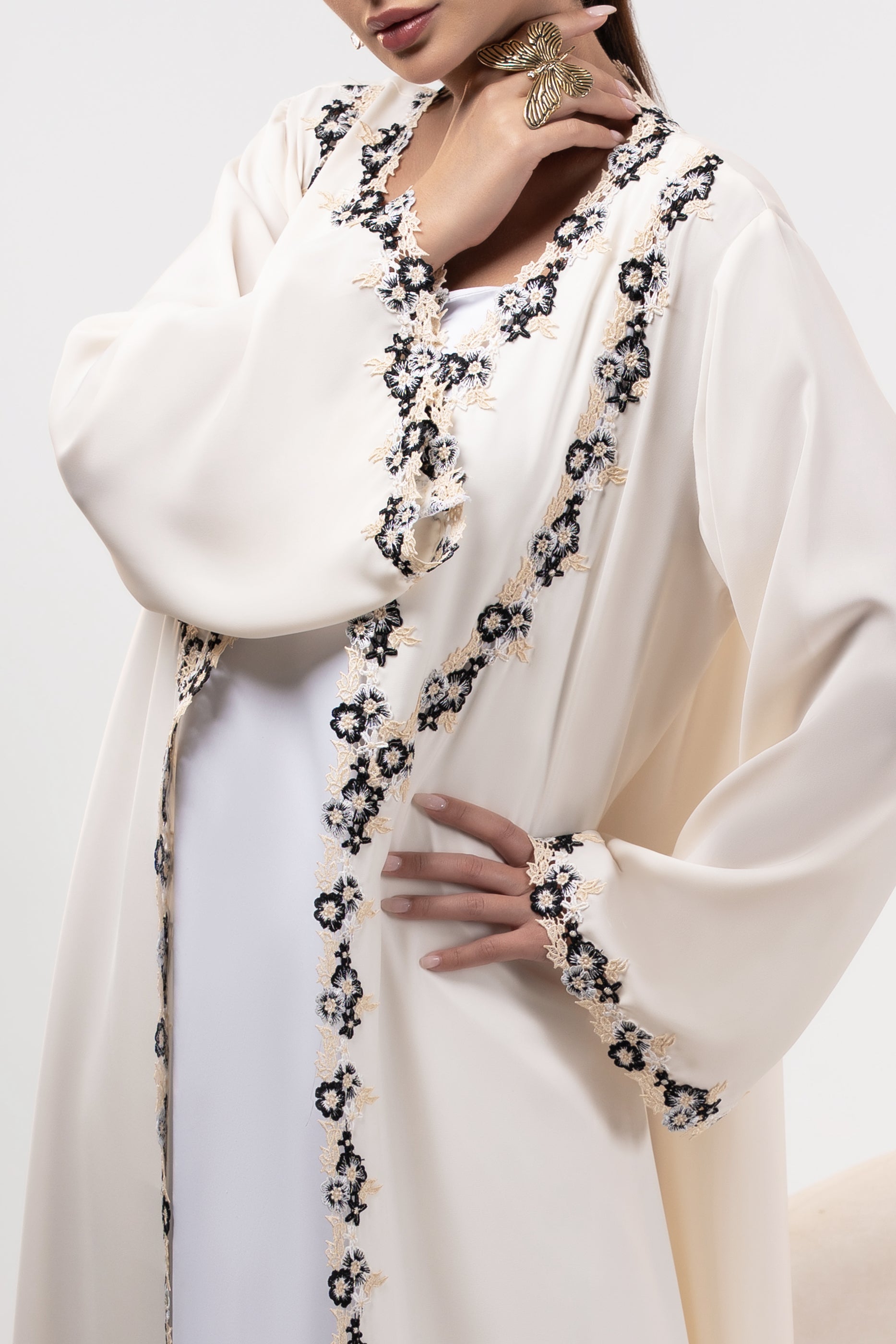 Sabah Cream - Floral Lace Abaya Set
