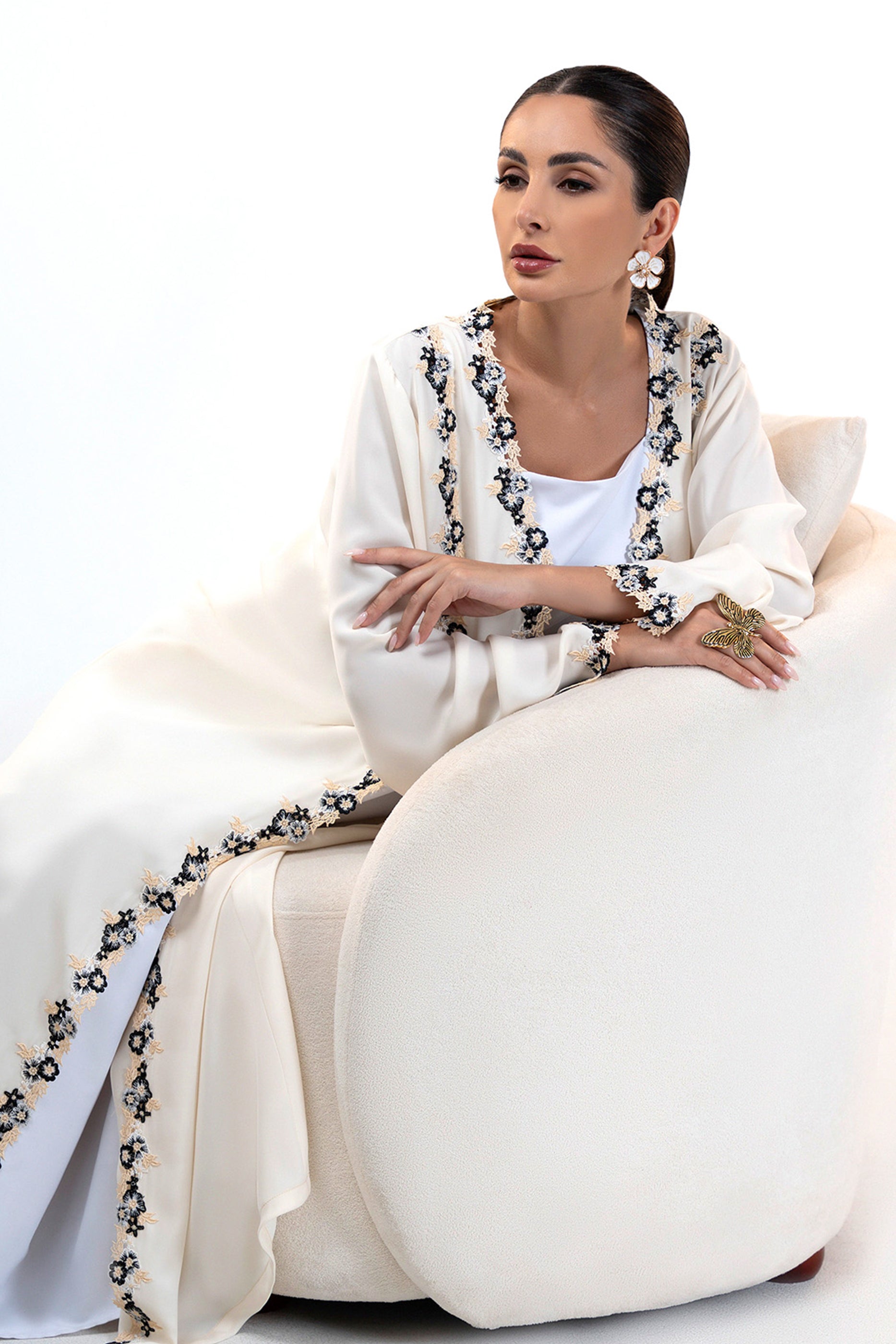Sabah Cream - Floral Lace Abaya Set