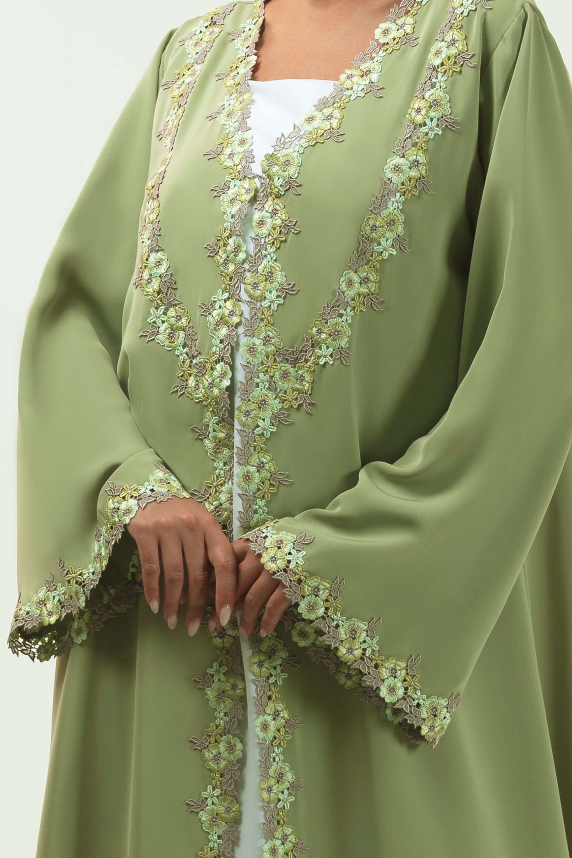 Sabah Olive- Floral Lace Abaya Set