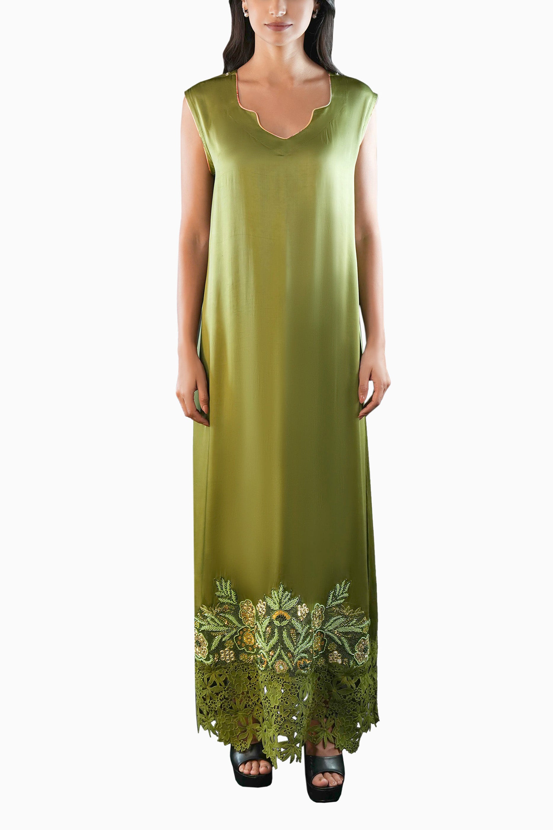 Saja Leaf- Floral Lace Embroidered Kaftan with Inner dress Set
