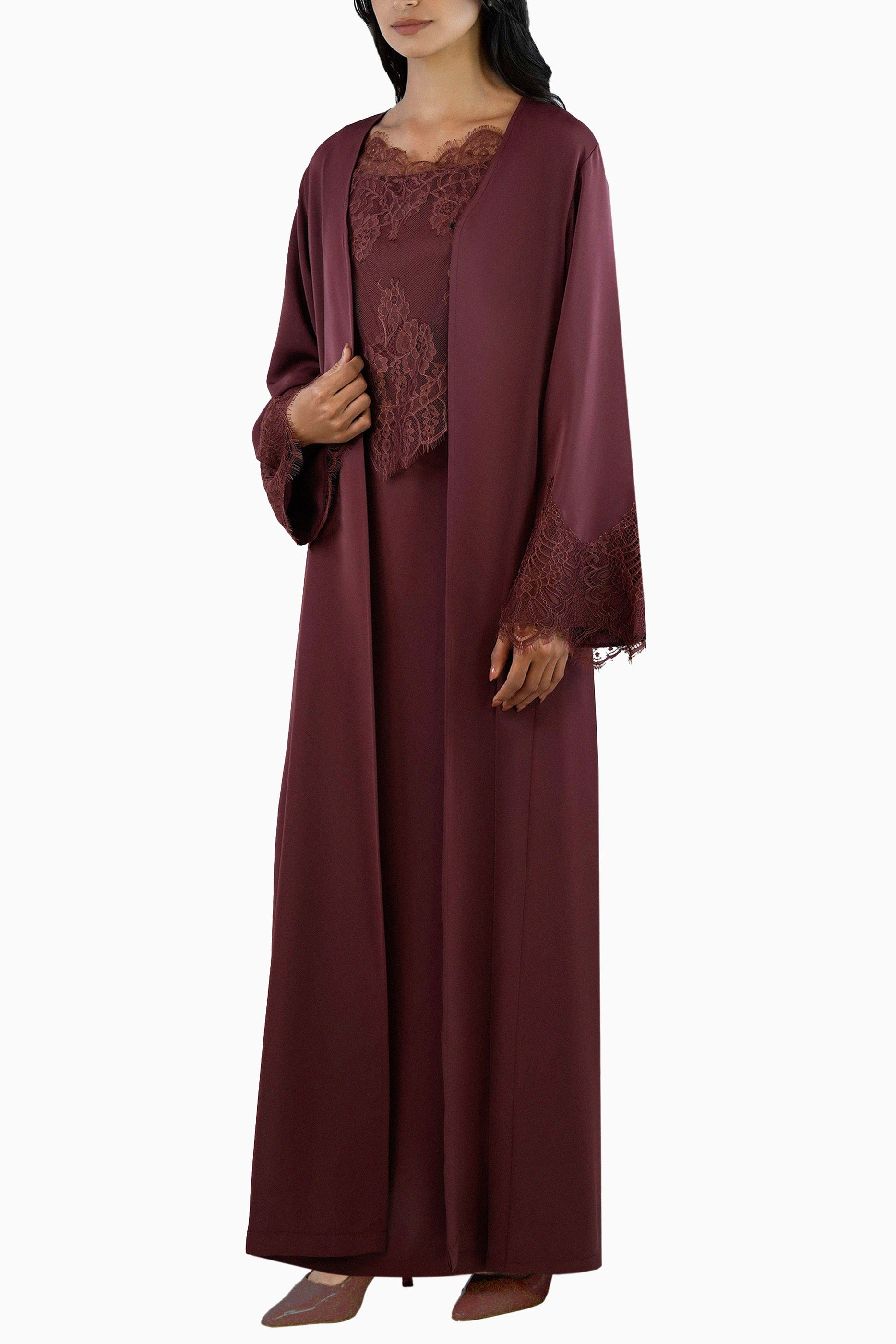 Shaden Maroon - Lace Abaya with Lace Inner Dress Set