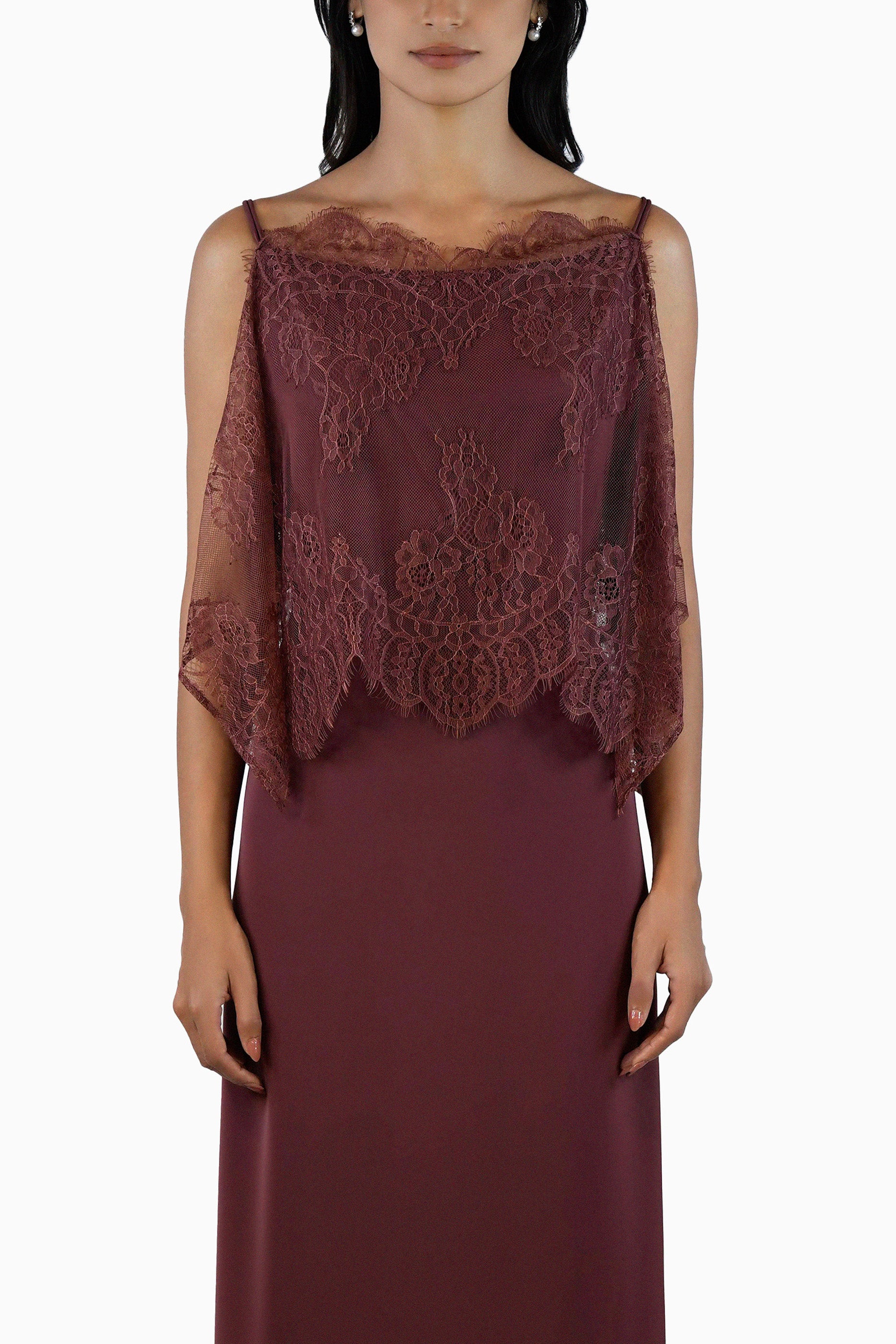 Shaden Maroon - Lace Abaya with Lace Inner Dress Set