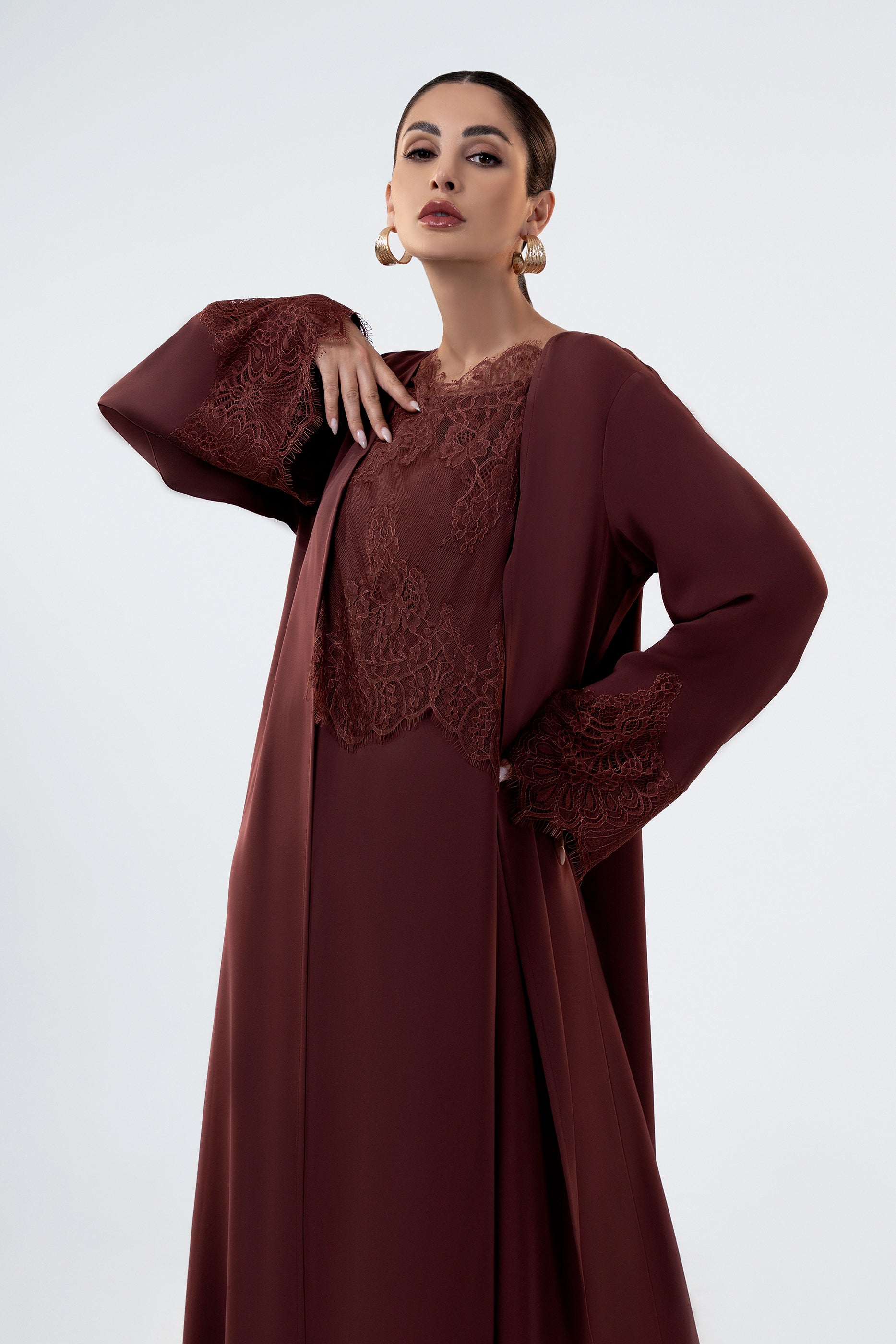 Shaden Tar - Lace Abaya with Lace Inner Dress Set