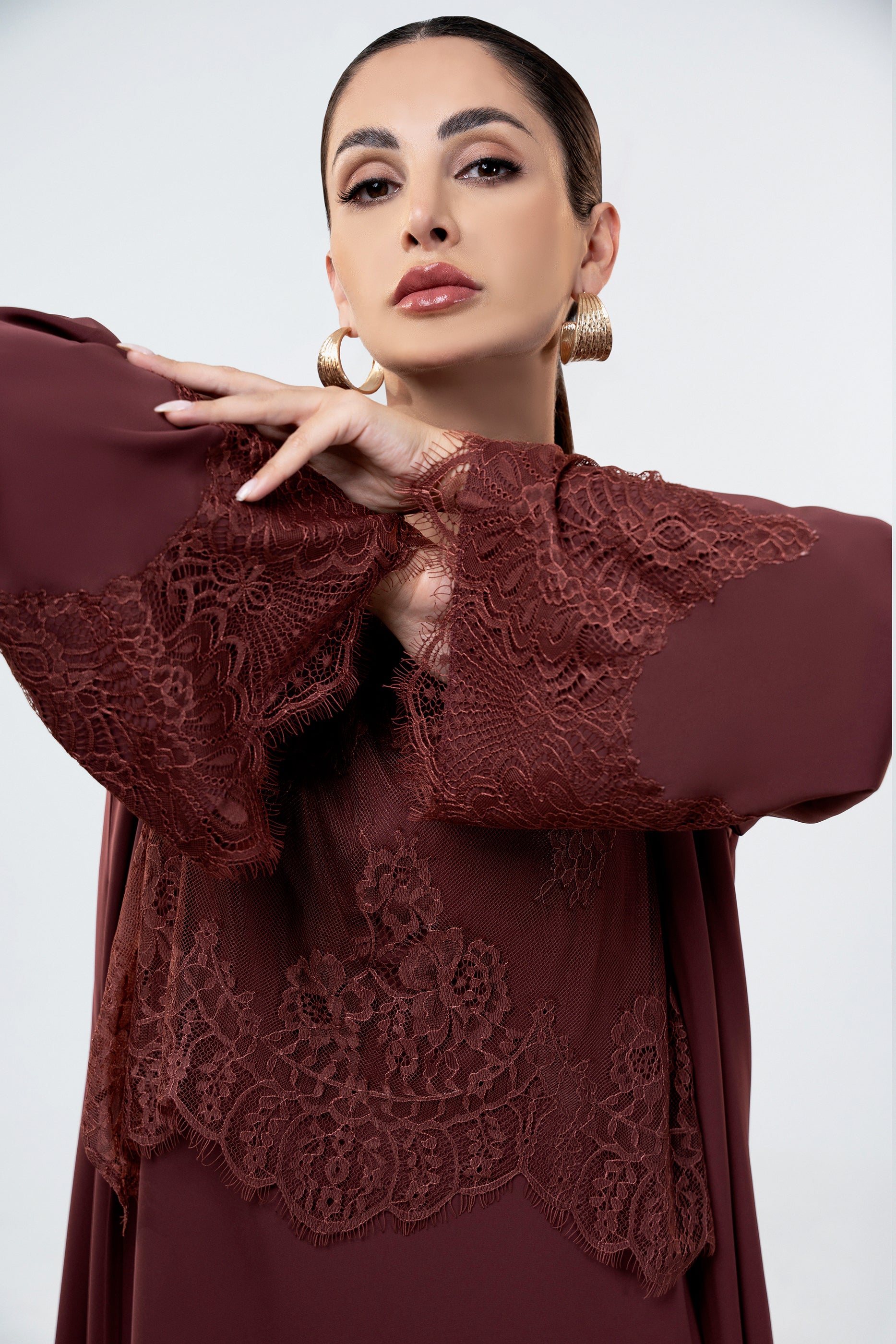 Shaden Maroon - Lace Abaya with Lace Inner Dress Set