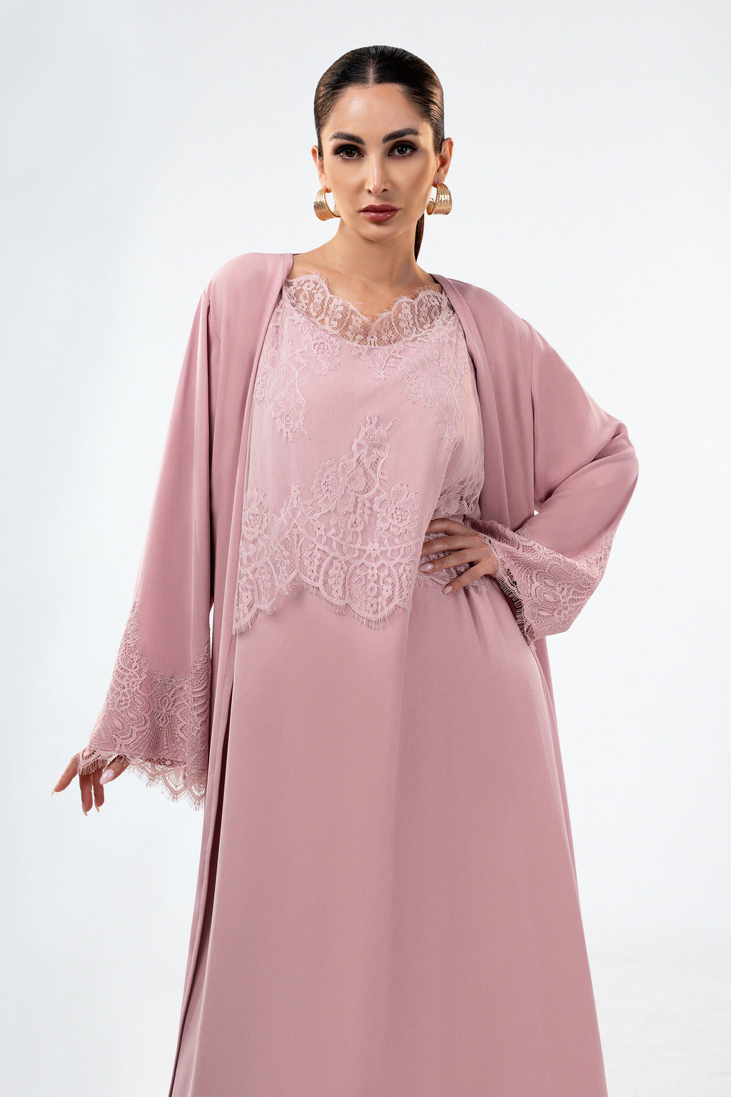 Shaden Blush - Lace Abaya with Lace Inner Dress Set