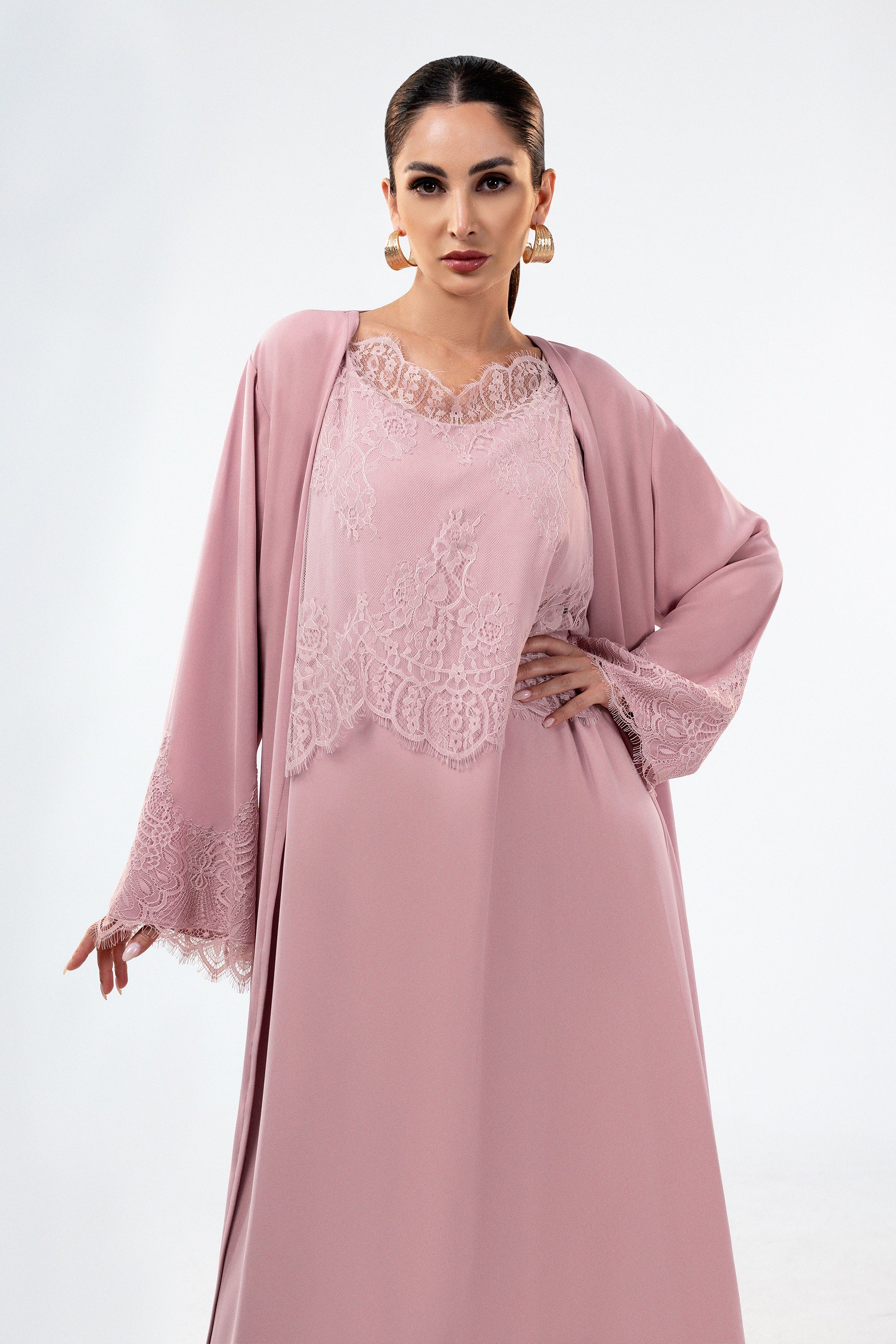 Shaden Tar - Lace Abaya with Lace Inner Dress Set
