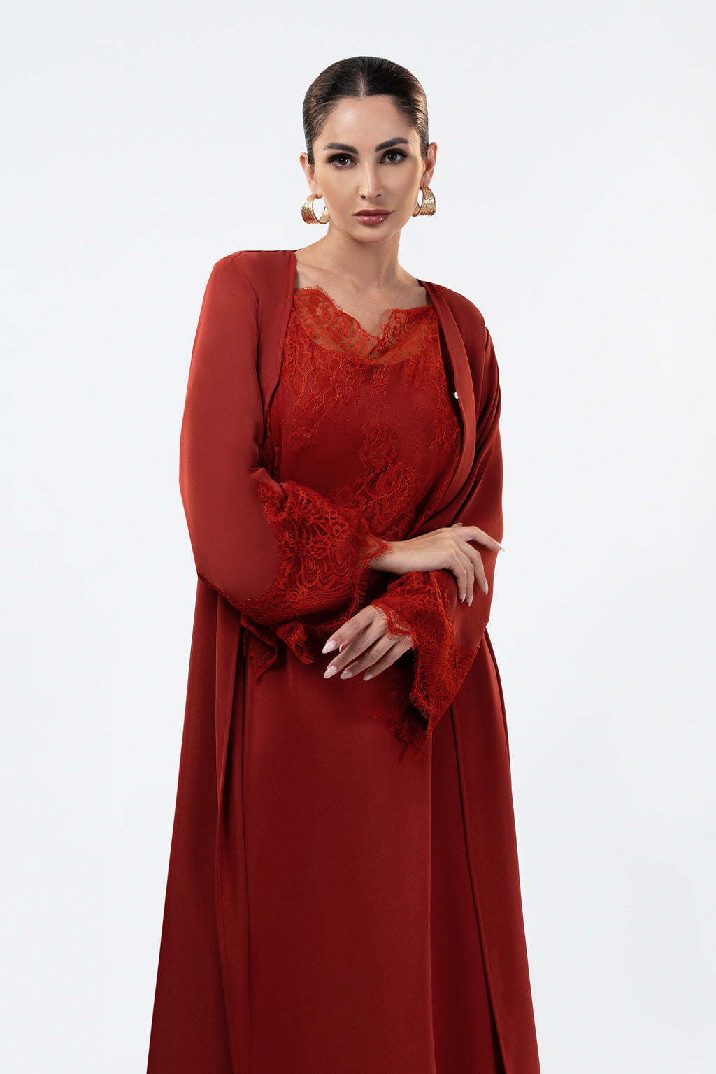 Shaden Ruby- Lace Abaya with Lace Inner Dress Set